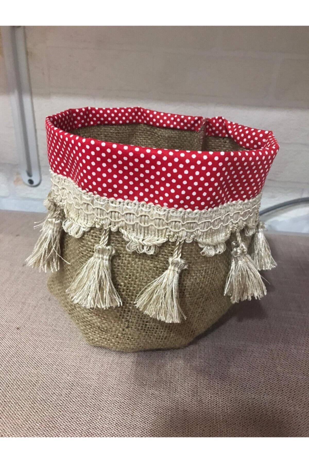 ysmn store Jut Kumaş Örgü Saksı Kılıfı Kımızı Puantiyeli 16x16 cm