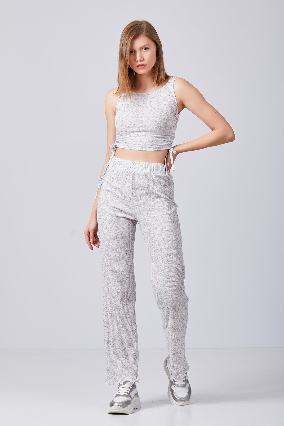 COMEOR Gri Yanları Büzgülü Triko Alt-üst Takım