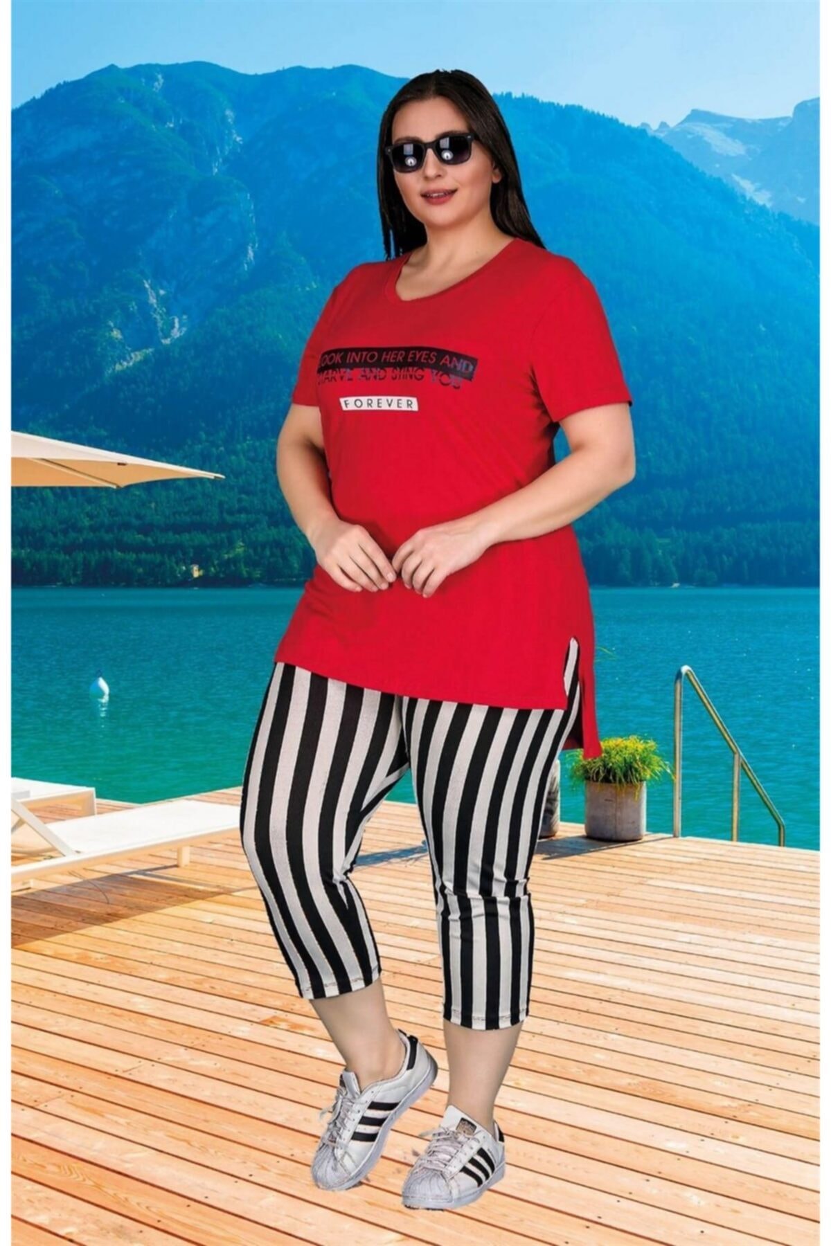 tarzimsuper Kadın Büyük Beden Çizgili Kapri Pijama Takımı