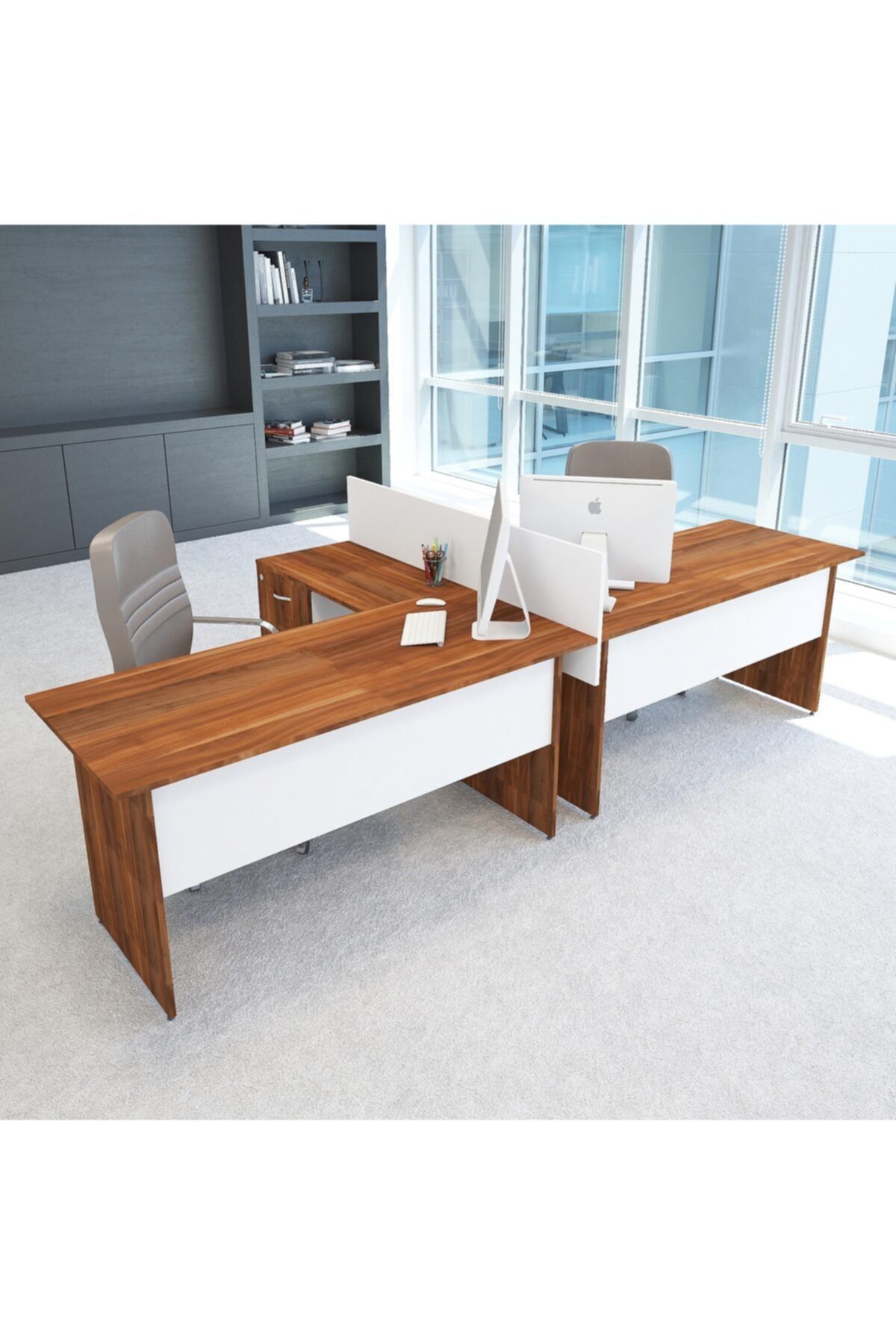VENA Nil L Workstation Ikili Çalışma Masa Tek Panel 318cm X 147cm Çalışma Grubu Istasyonu Erik-beyaz