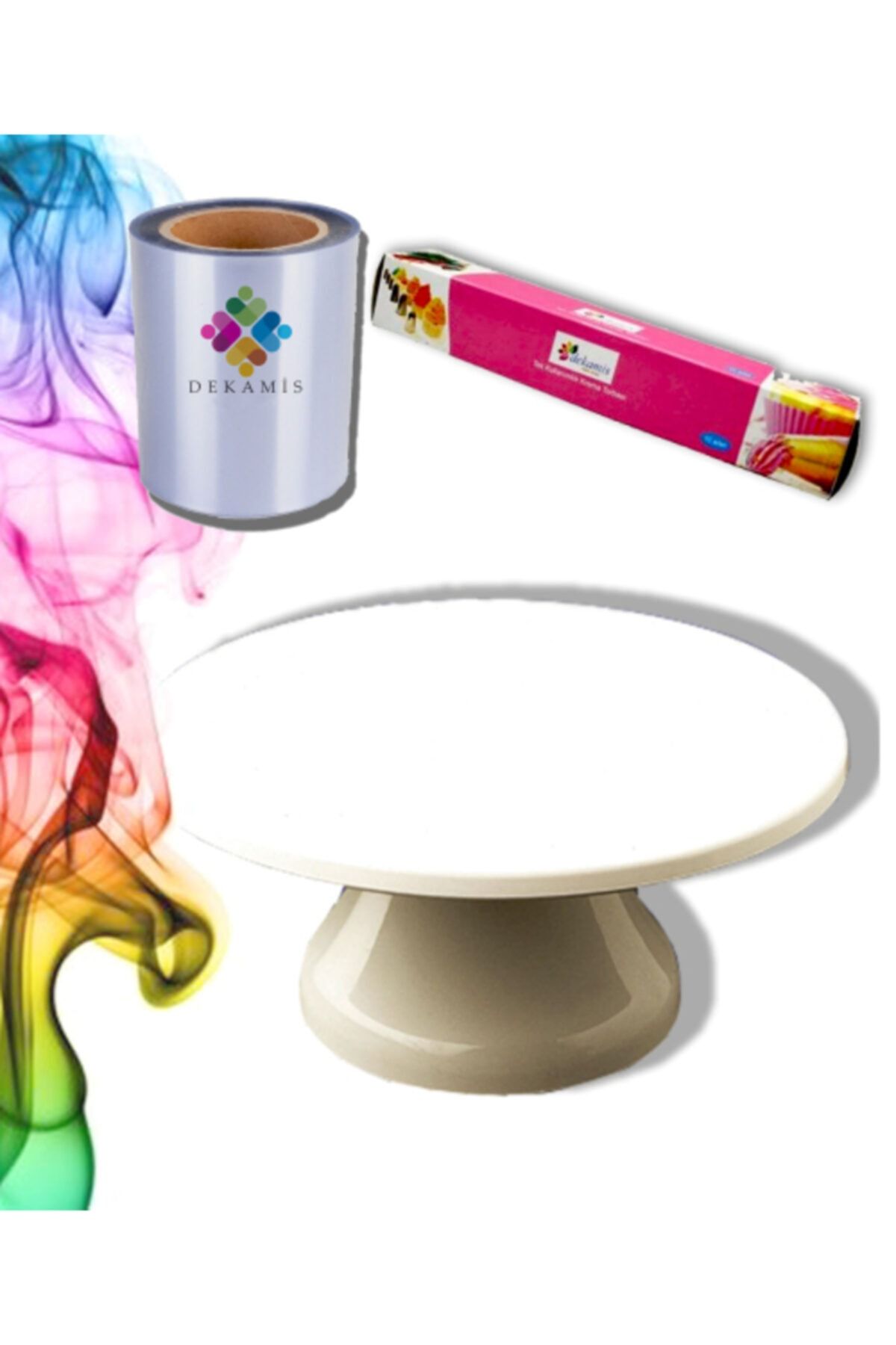 Dekamis Dönen Başlıklı Pasta Sıvama Standı + Yan Dekor Transfer Jelatin + 10 Lu Krema Sıkma Torbası