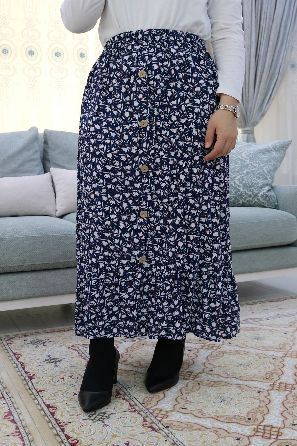 Sezici Giyim Kadın Lacivert Düğme Detaylı Maxi Boy Viskon Etek
