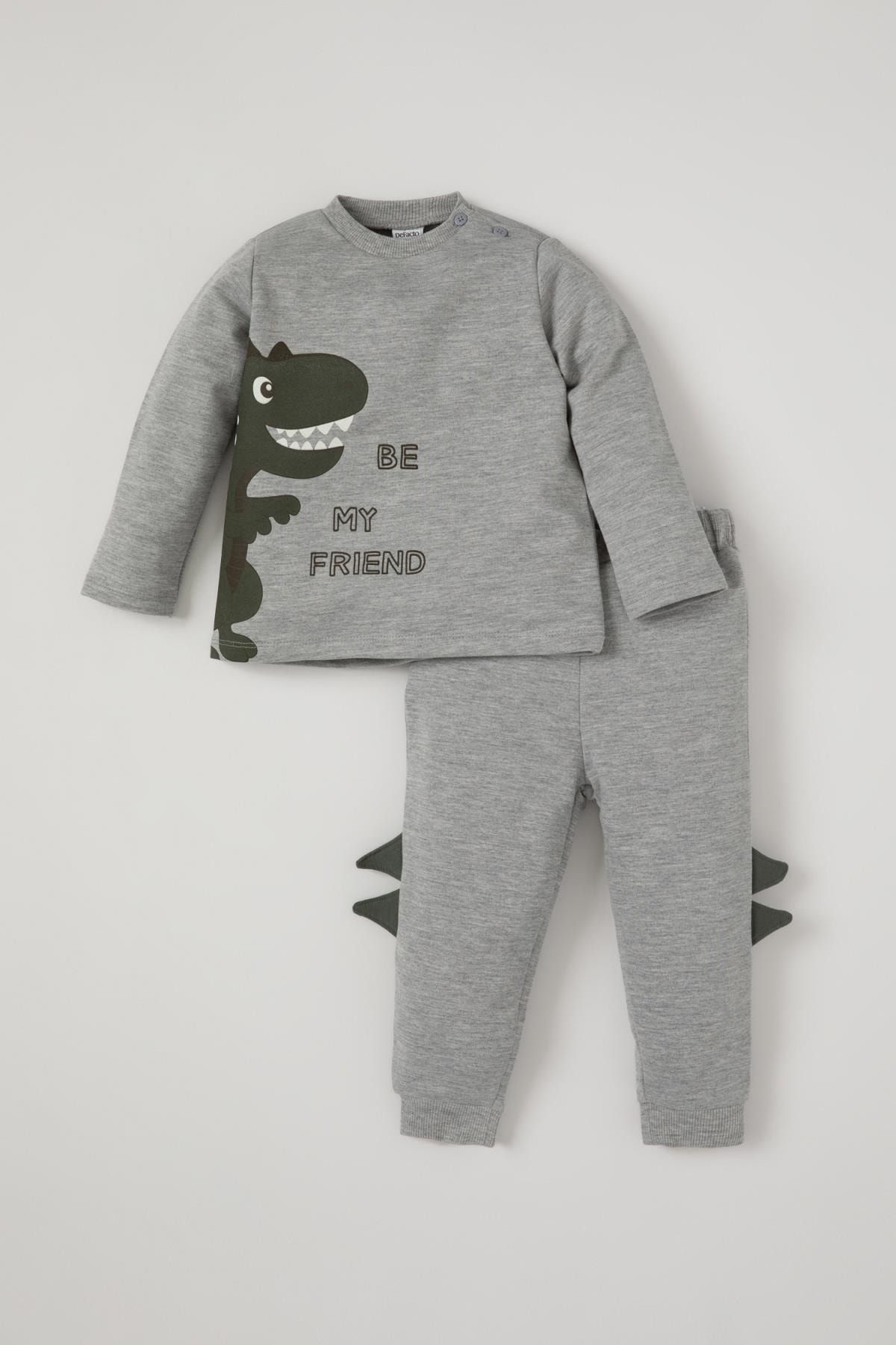 DeFacto Erkek Bebek Dinozor Baskılı 3D Sweatshirt ve Eşofman Altı Takımı