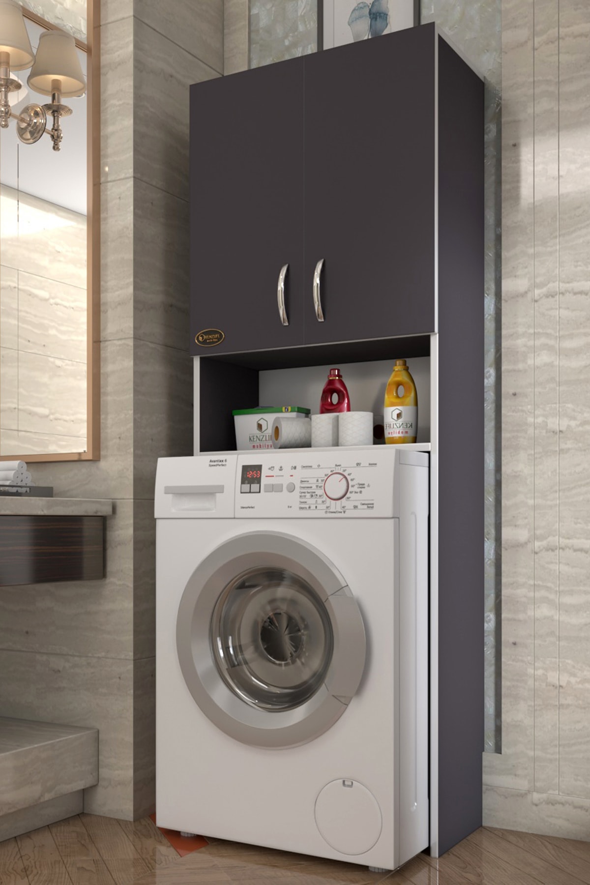 Kenzlife çamaşır makinesi dolabı sinem gri banyo kiler