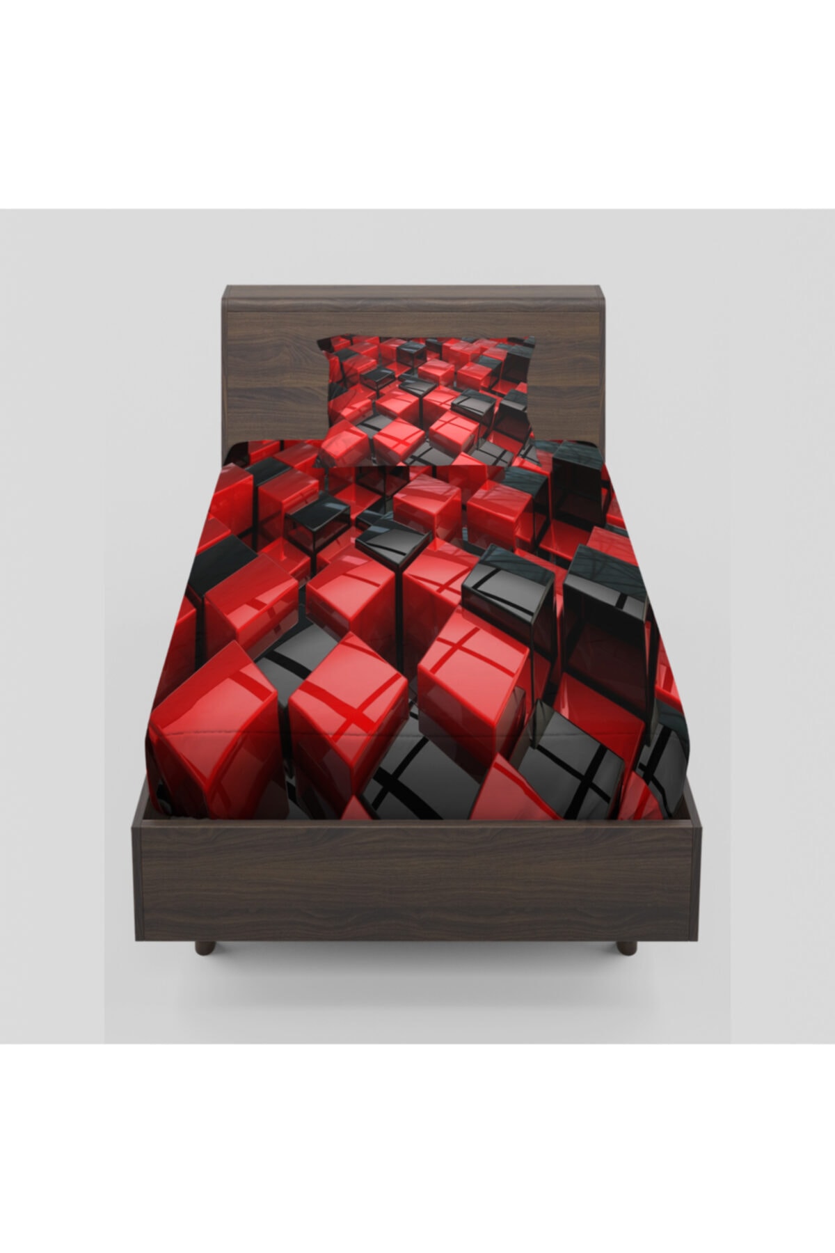 Else Halı Osso Kırmızı Siyah Kutular 3d Desenli Lastikli Tek Kişilik Lastikli Çarşaf Takımı 90x190cm