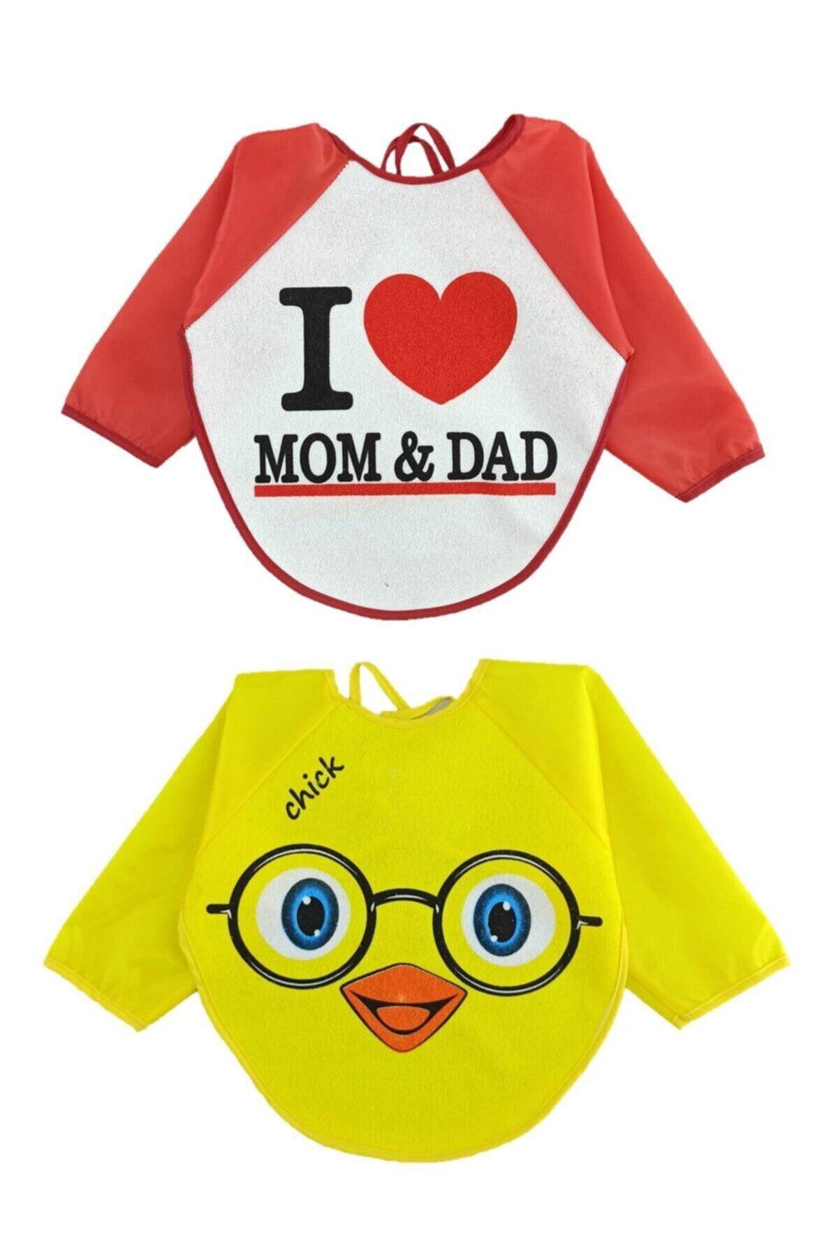 Malkoç 2 Adet Su Geçirmez Mom Dad Civciv Desen Bebek Mama Önlüğü 6-24 Ay