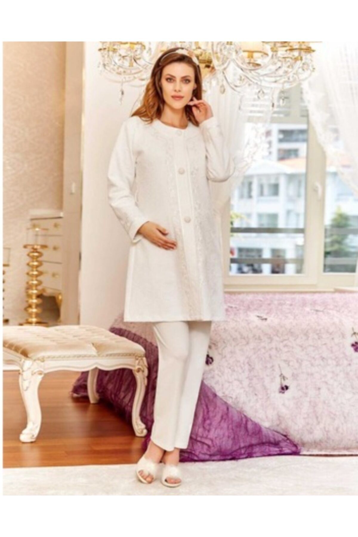 Flz Pijama Kadın Ekru Hamile Lohusa Pijama Sabahlık Takımı