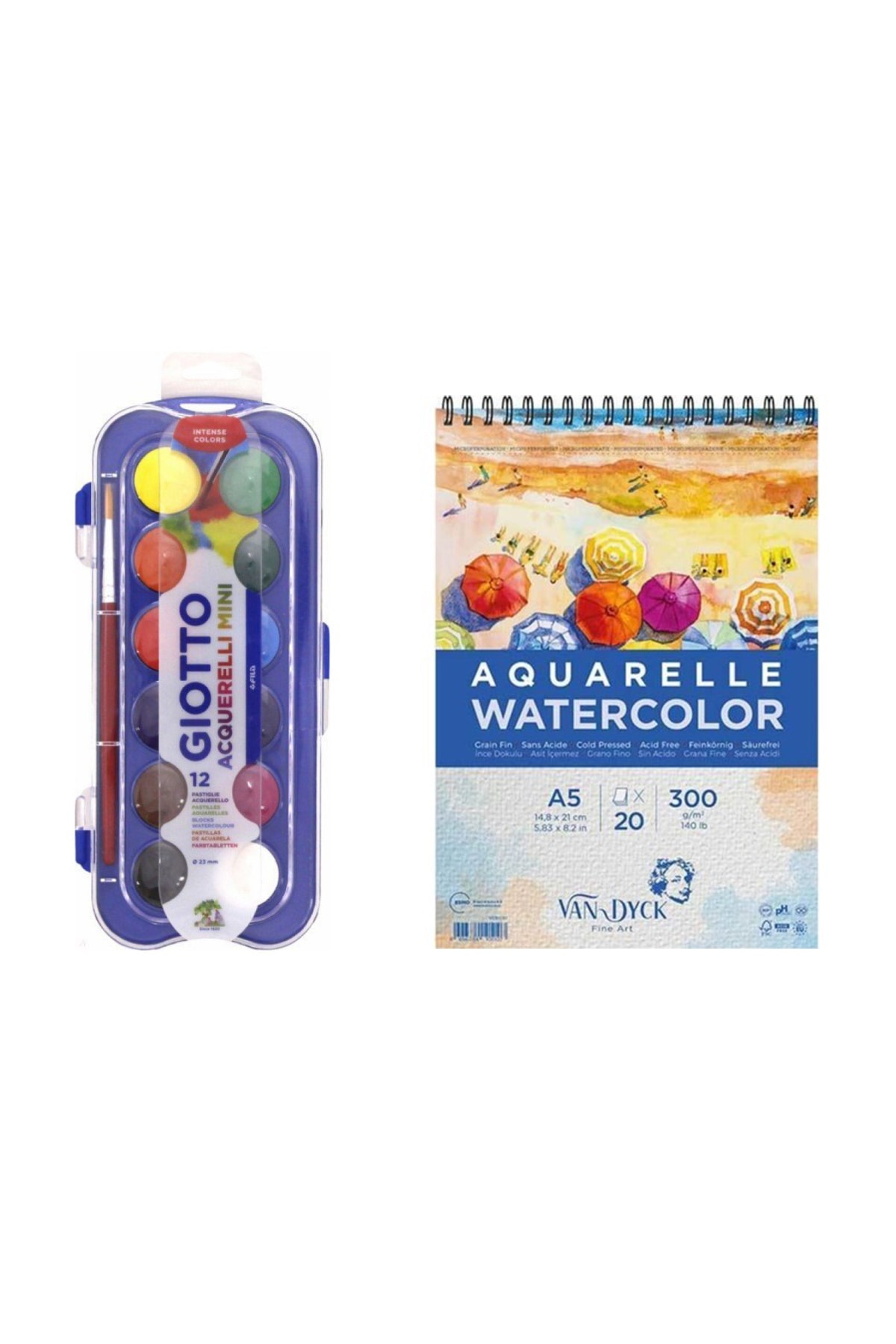 GLANCE Van Dyck Sulu Boya Defteri A5 300 Gram 20 Yaprak Giotto Aquarell Sulu Boya 23 Mm 12'li Set
