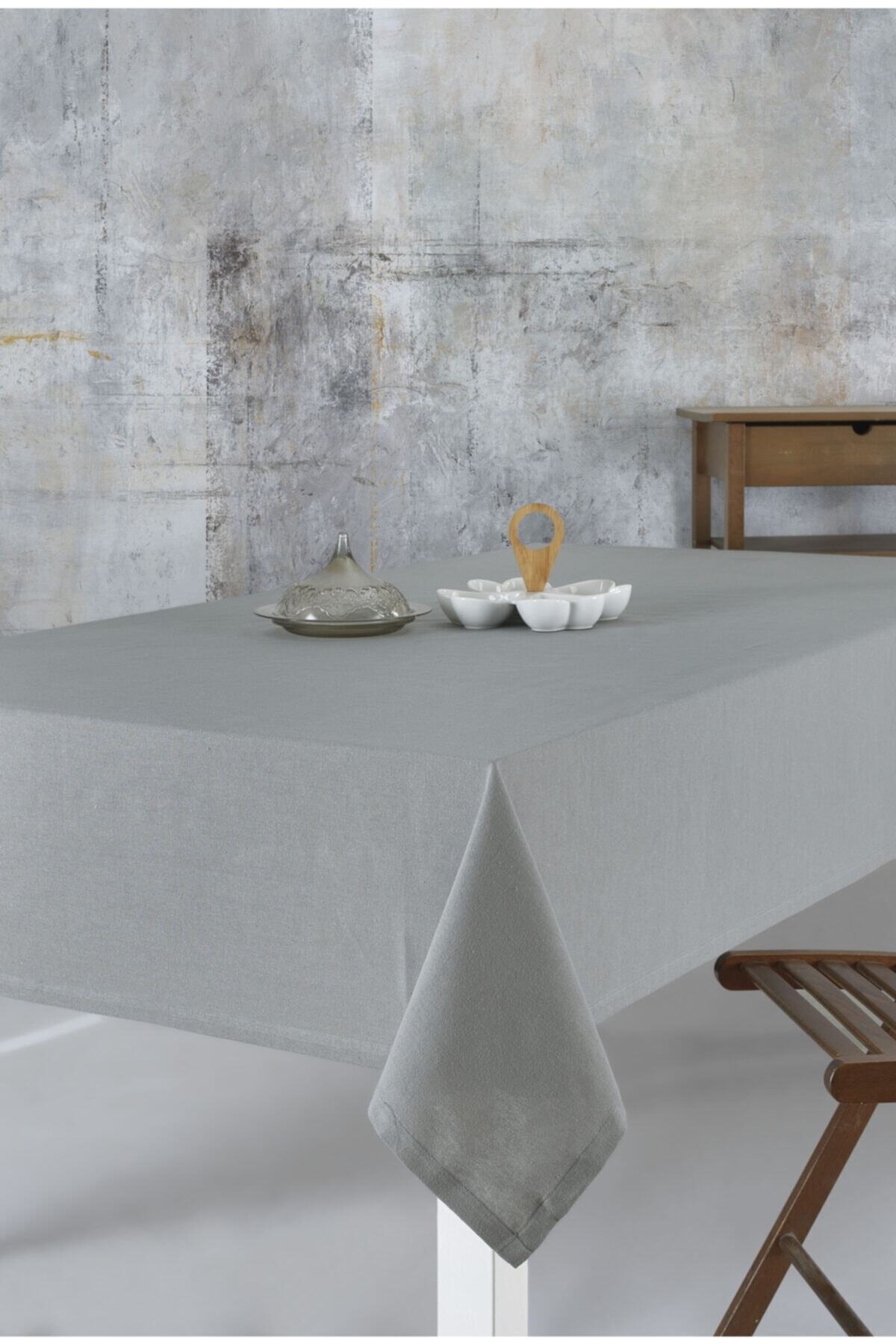 Wellstil Düz Keten Otantik Masa Örtüsü Gri 160x220 Cm