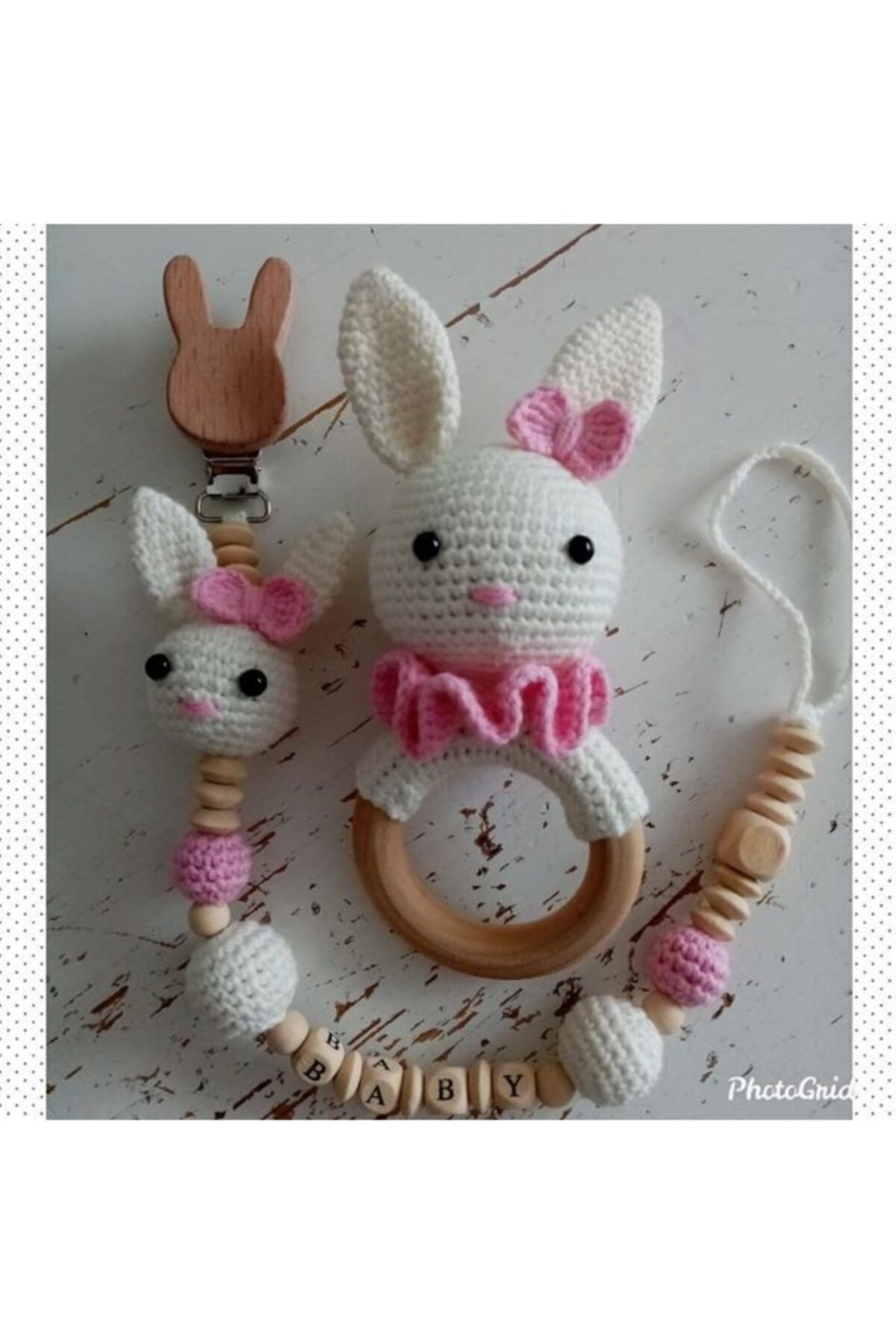 biricikkbebe Amigurumi Çıngırak Organik Oyuncak Ahşap Diş Kaşıyıcısı Ve Emzik Zinciri Bir Arada Set 5