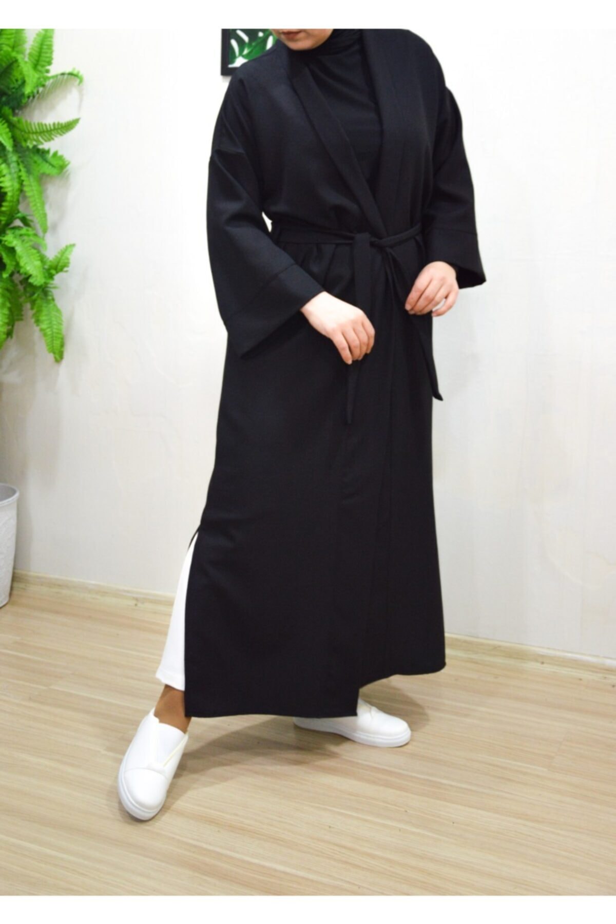 PNRSTİL Kadın Kalın Krep Uzun Kemerli Kimono