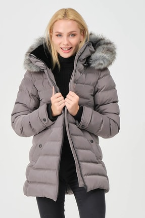 Kadın Gri Yakası Kürklü Çıkabilir Kapüşonlu Kadın Yasmin Mont Image 1