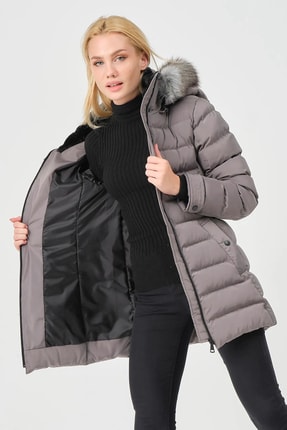 Kadın Gri Yakası Kürklü Çıkabilir Kapüşonlu Kadın Yasmin Mont Image 3