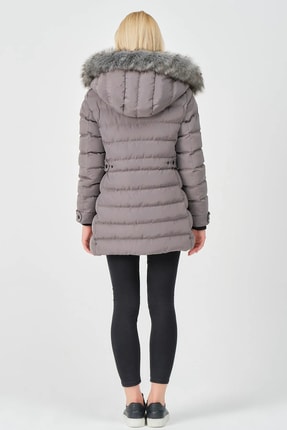 Kadın Gri Yakası Kürklü Çıkabilir Kapüşonlu Kadın Yasmin Mont Image 6