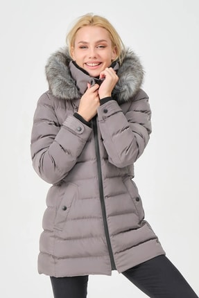 Kadın Gri Yakası Kürklü Çıkabilir Kapüşonlu Kadın Yasmin Mont Image 0
