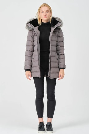 Kadın Gri Yakası Kürklü Çıkabilir Kapüşonlu Kadın Yasmin Mont Image 4