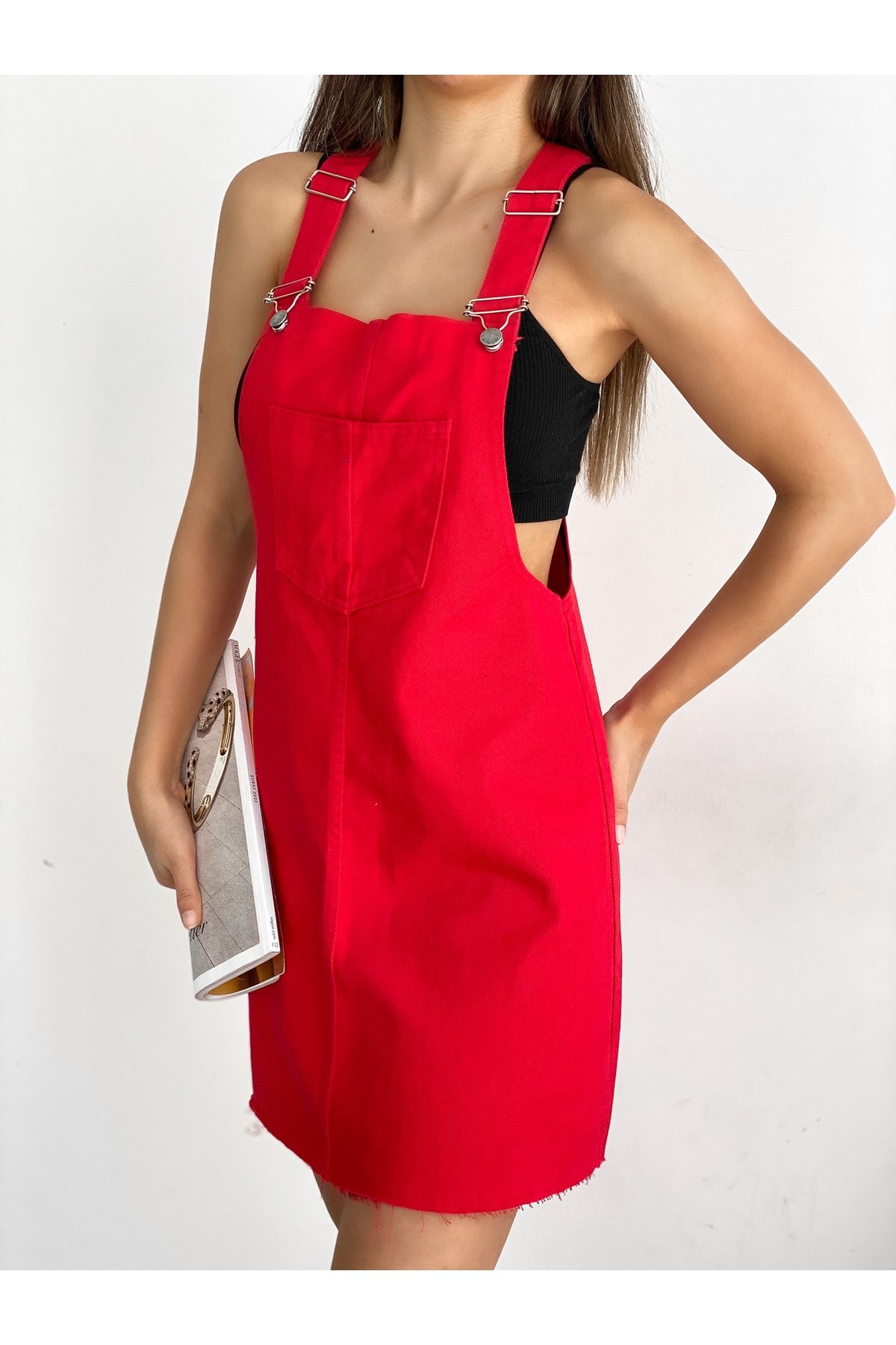Denim overall online skirt red