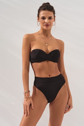 Bonie Dolgulu Straplez Yüksek Bel Bikini Takım Siyah 231225 Image 2