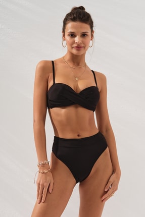 Bonie Dolgulu Straplez Yüksek Bel Bikini Takım Siyah 231225 Image 3