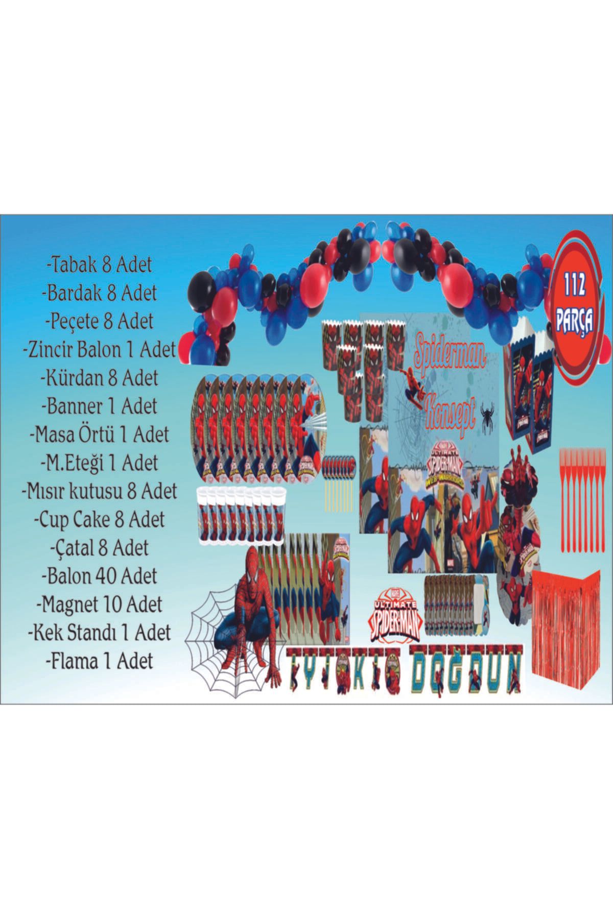 ARASPARTİEVİ Spiderman Örümcek Adam Doğum Günü Konsept Paket Süs Full 112 Parça