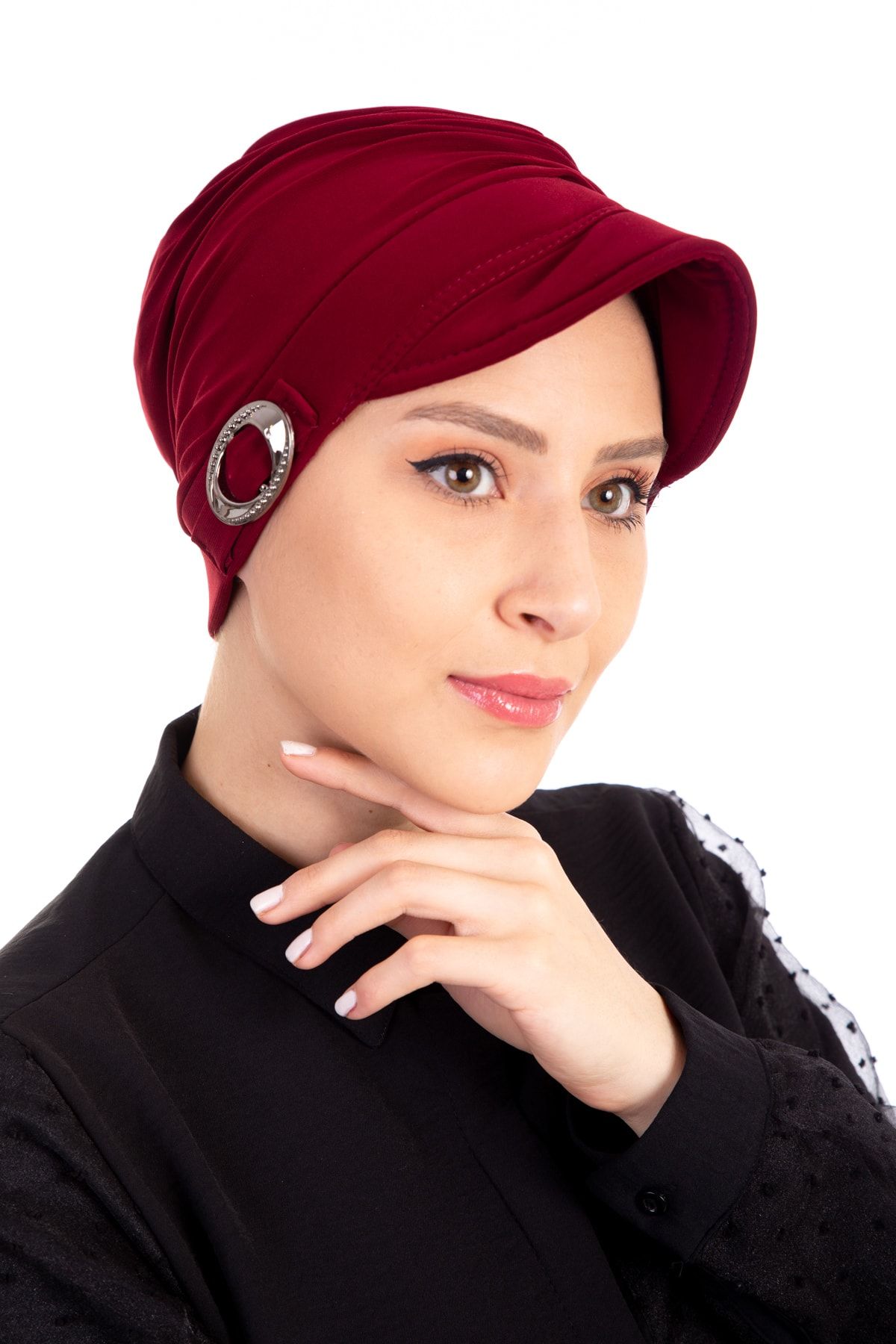 LadyColor Kadın Tesettür Bone Tokalı Şapkalı Bordo