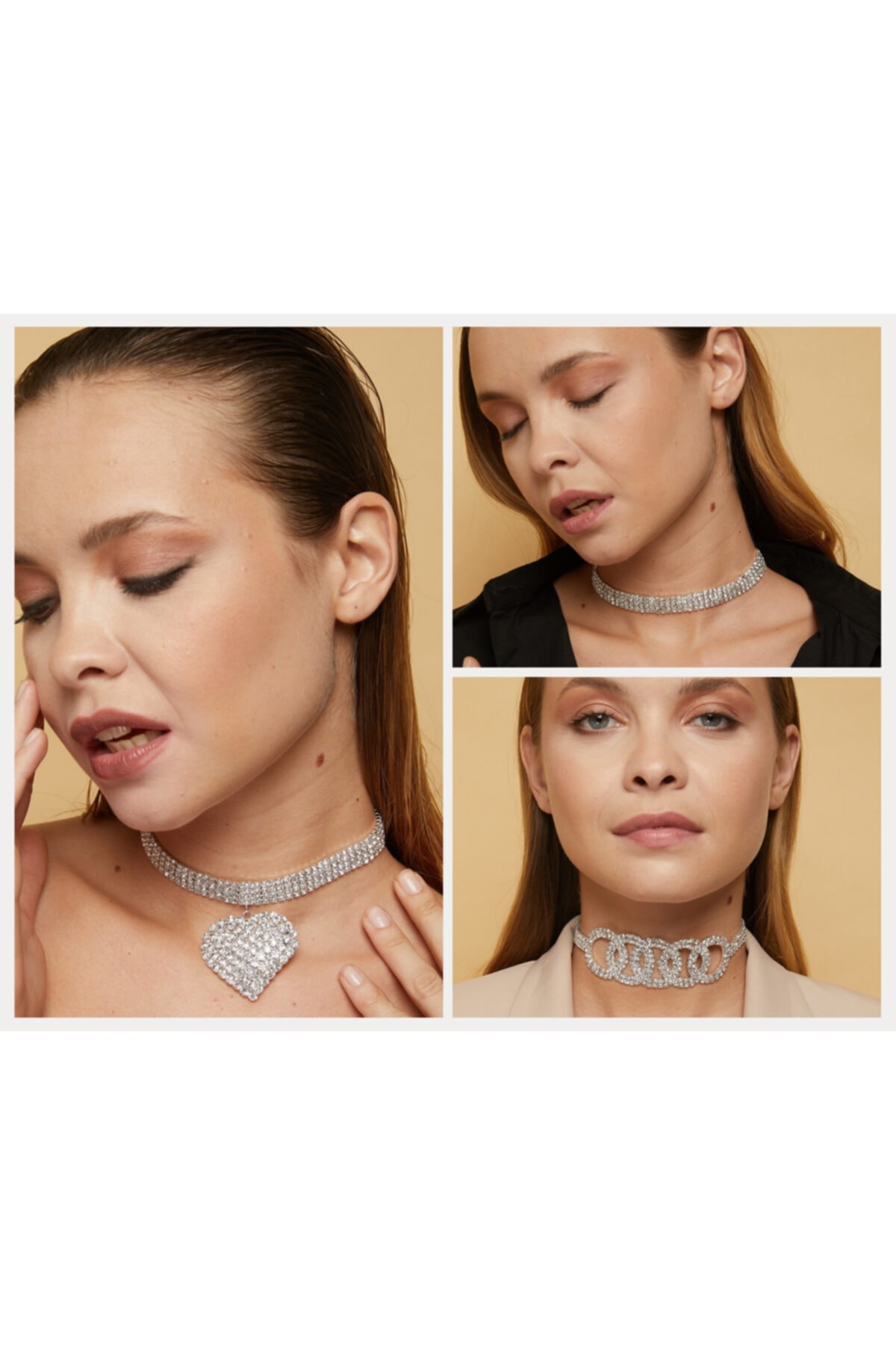 Gunbaz Kadın Rhinestone Choker Kolye Seti 3'lü Kalp Detaylı Iç Içe Halka 4 Sıra Gümüş Renk