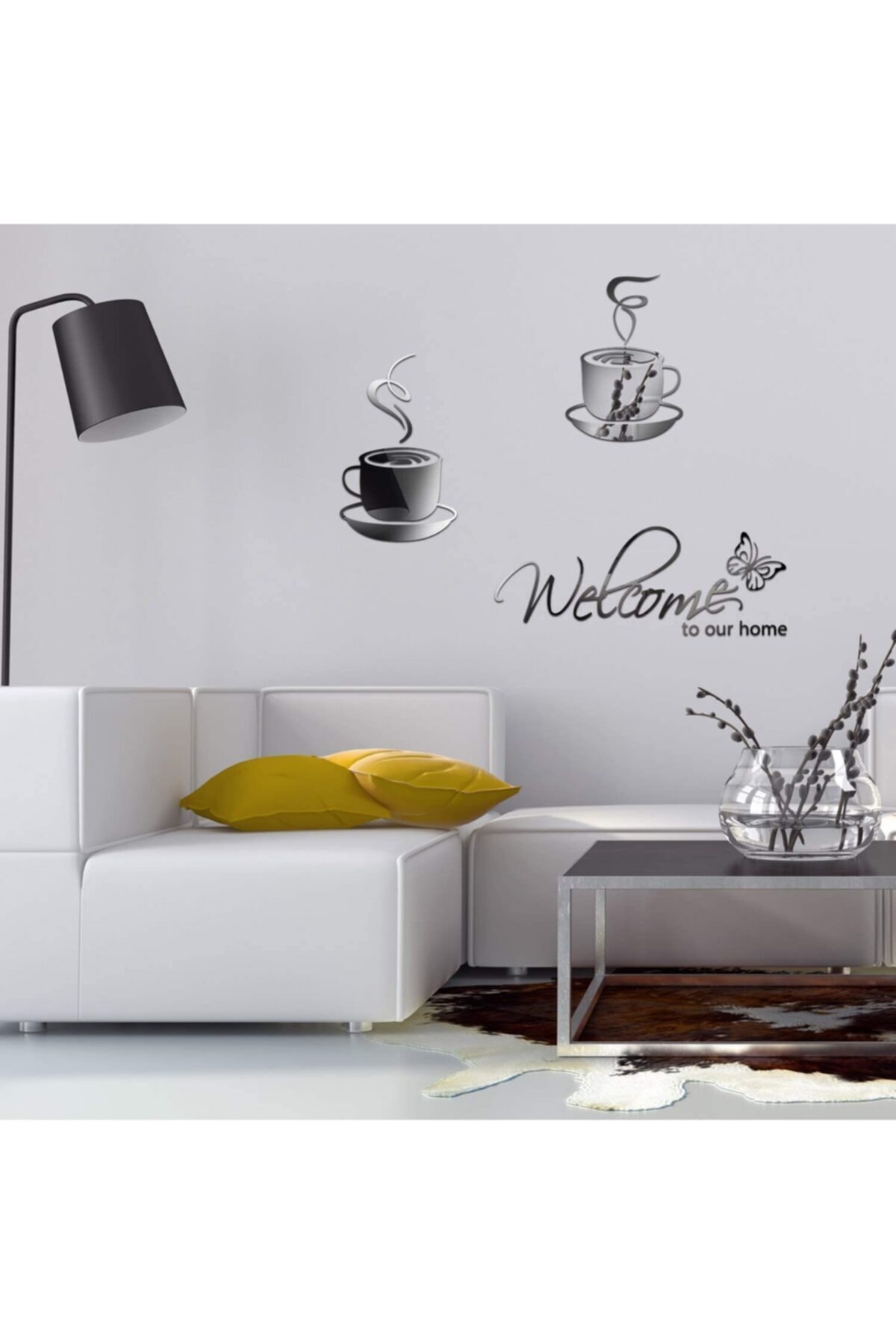 Abaküs Welcome To Our Home Pleksi Fincan Ve Kelebek Desenli Gümüş Duvar Süsü Mutfak Süsü Dekoratif