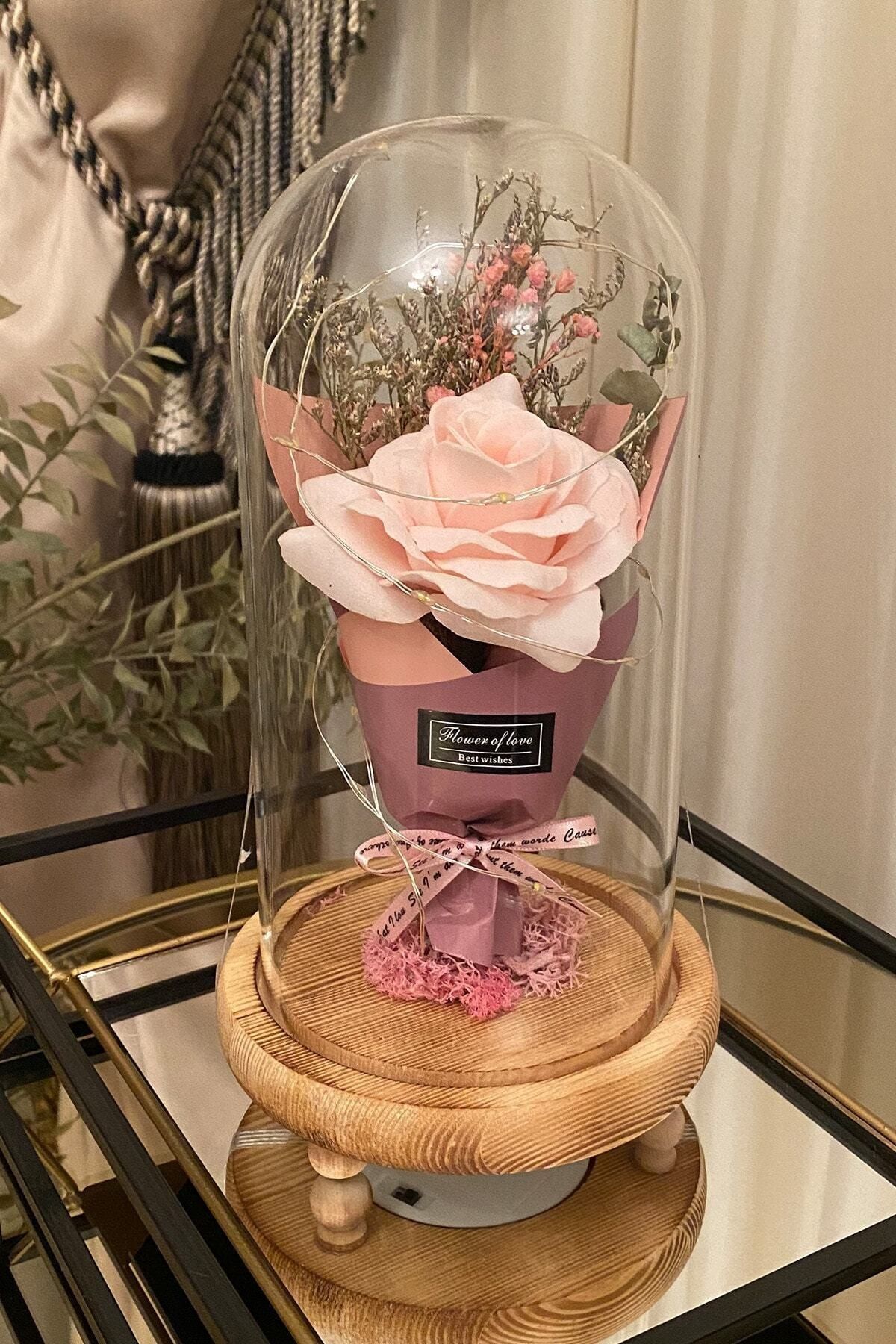 tekinhediyelik Pembe Gül Led Işıklı Cam Fanus C0543