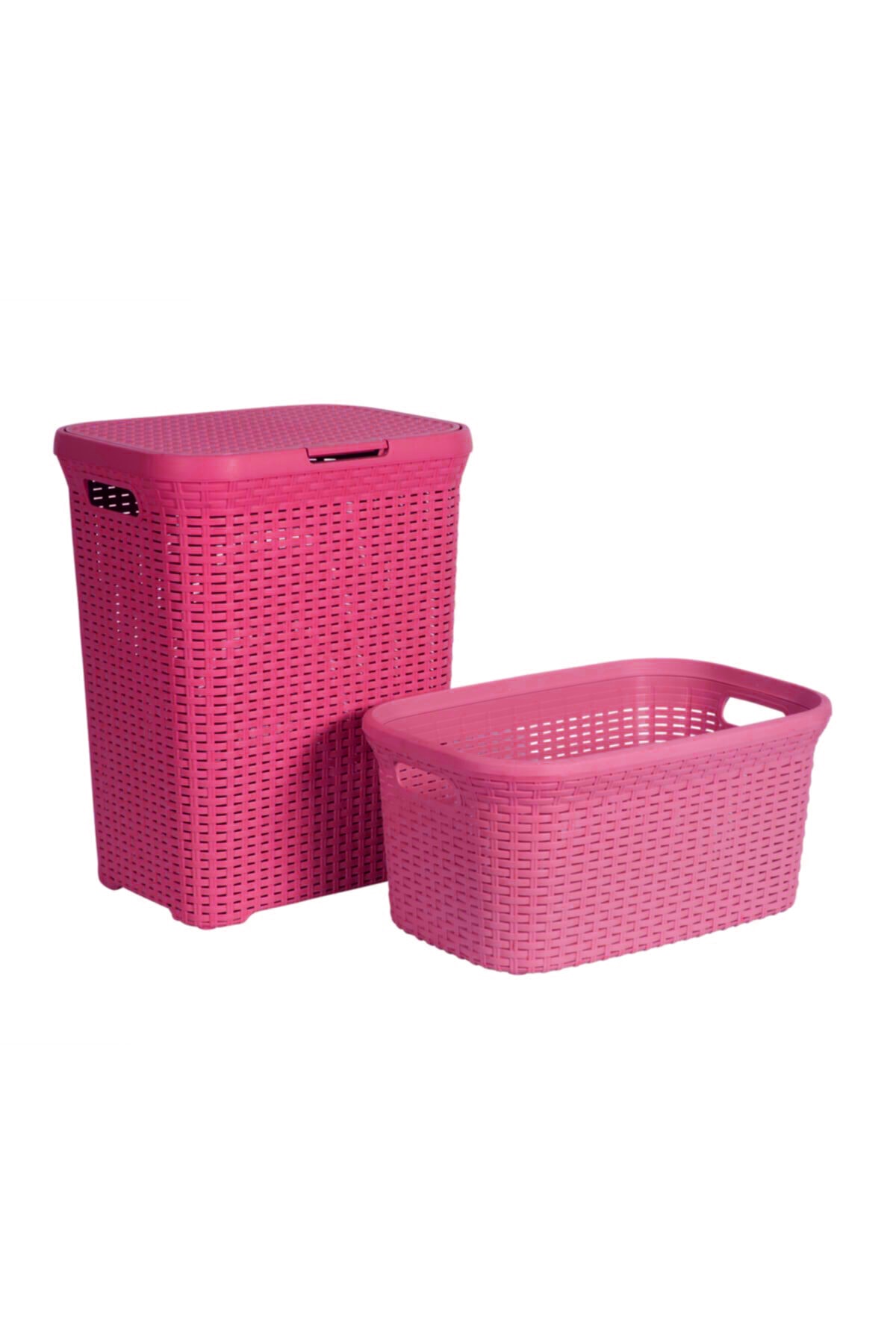 Saban Hasır Desenli Plastik Pembe Çamaşır Sepeti ve Pembe Çamaşır Selesi