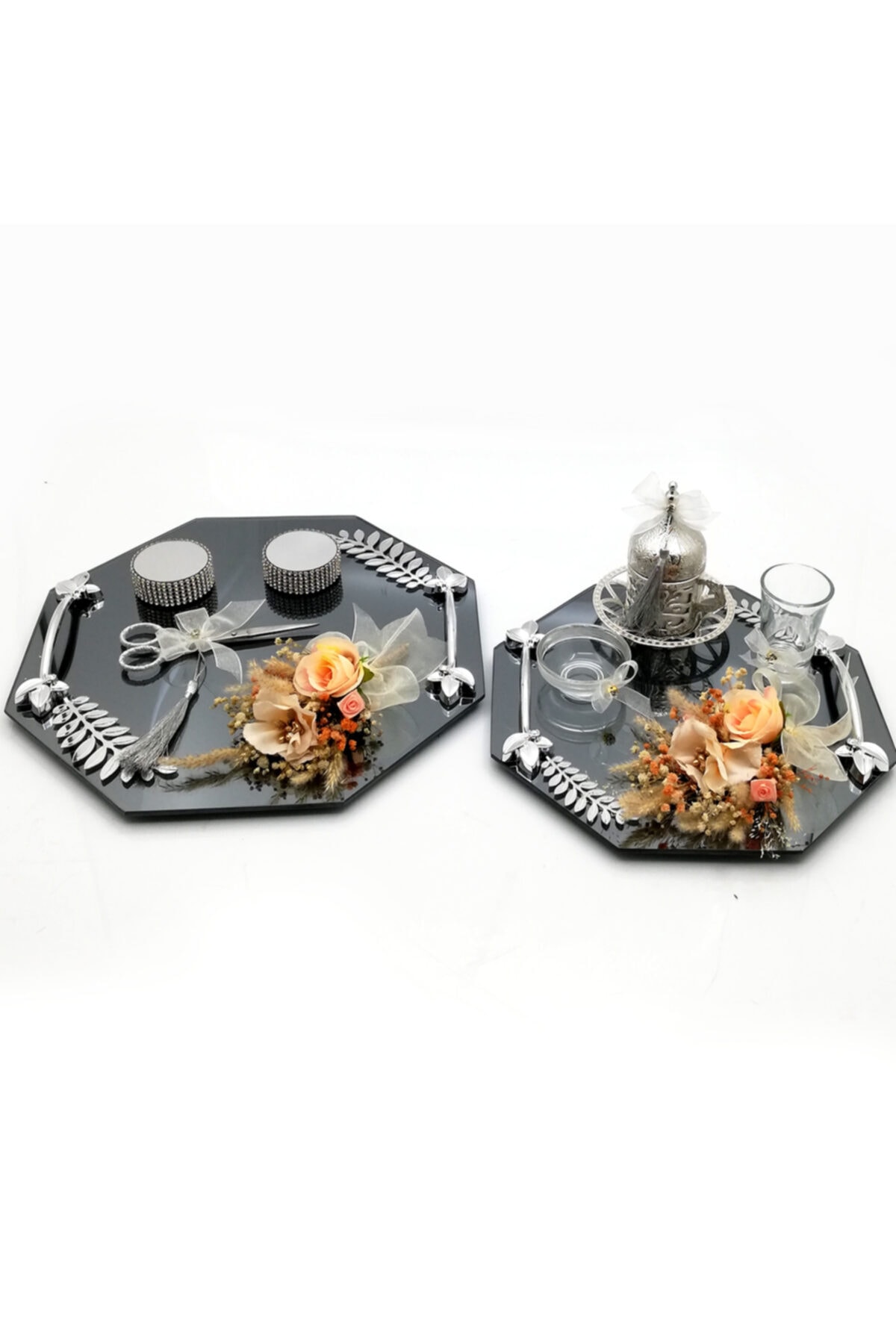 Lora Davet Söz Nişan Yüzük Tepsisi Ve Damat Fincanı Kahve Tepsi Takımı somon