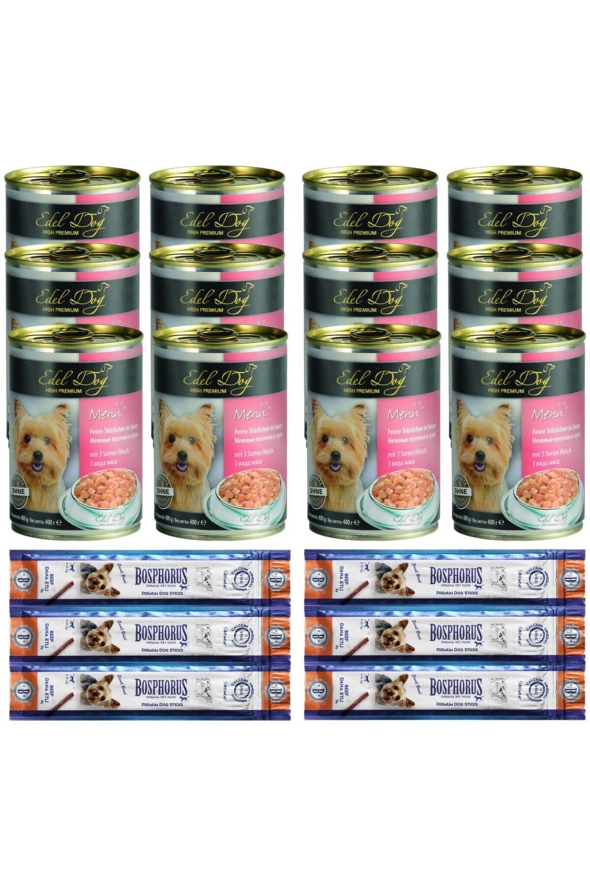 Edel 3 Meats Sığır Dana Kuzu Eti Ve Ciğerli Alman Köpek Konserve Mama + Sticks Köpek Ödül Çubuğu 12+2