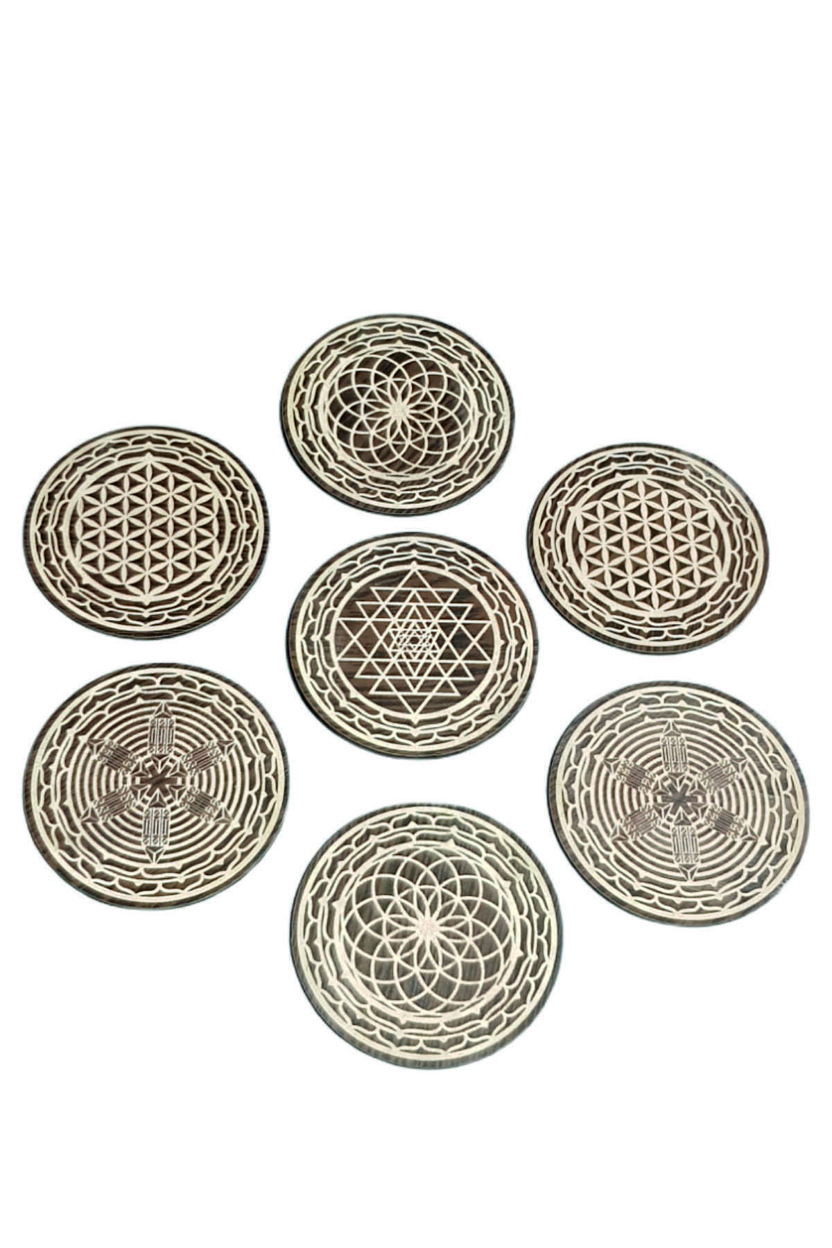 Güner Lazer Ahşap Bardak Altlığı 4lü Yaşam Döngüsü, Atlantis Mandalası,, Yaşam Çiçeği, Torus, Sri Yantra 8li Set
