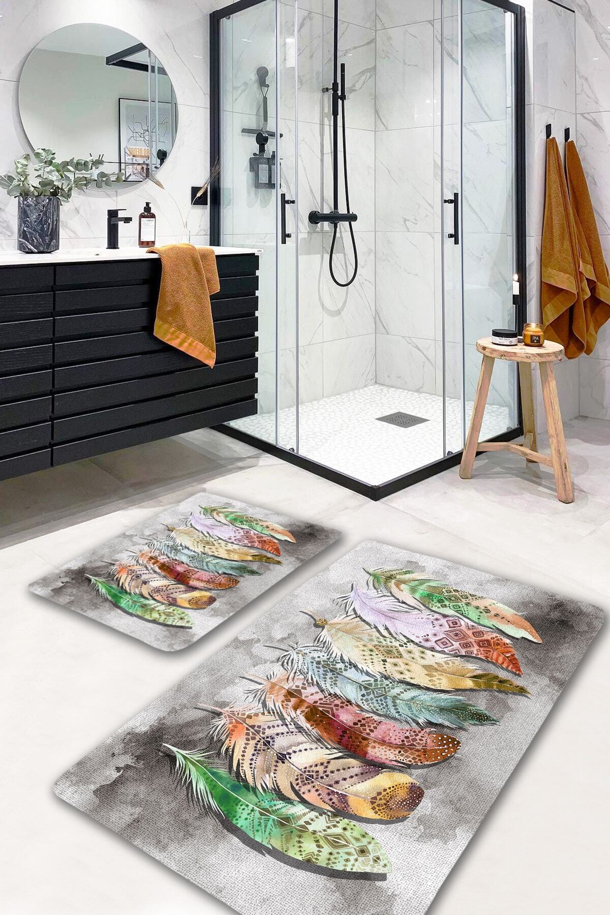 EVİMOD Terra Spring Yapraklı Yıkanabilir 2li Banyo Halısı Paspas Klozet Takımı X