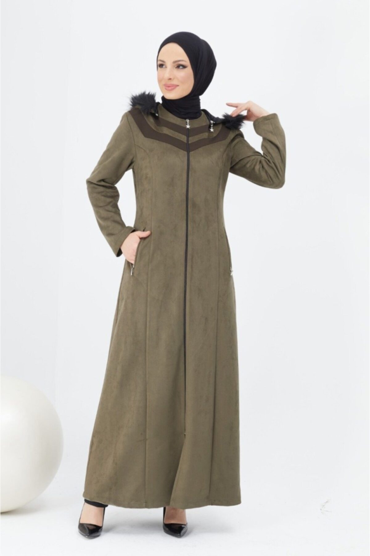 Gülsima Moda Haki Fermuarlı Uzun Süet Pardesü 9115
