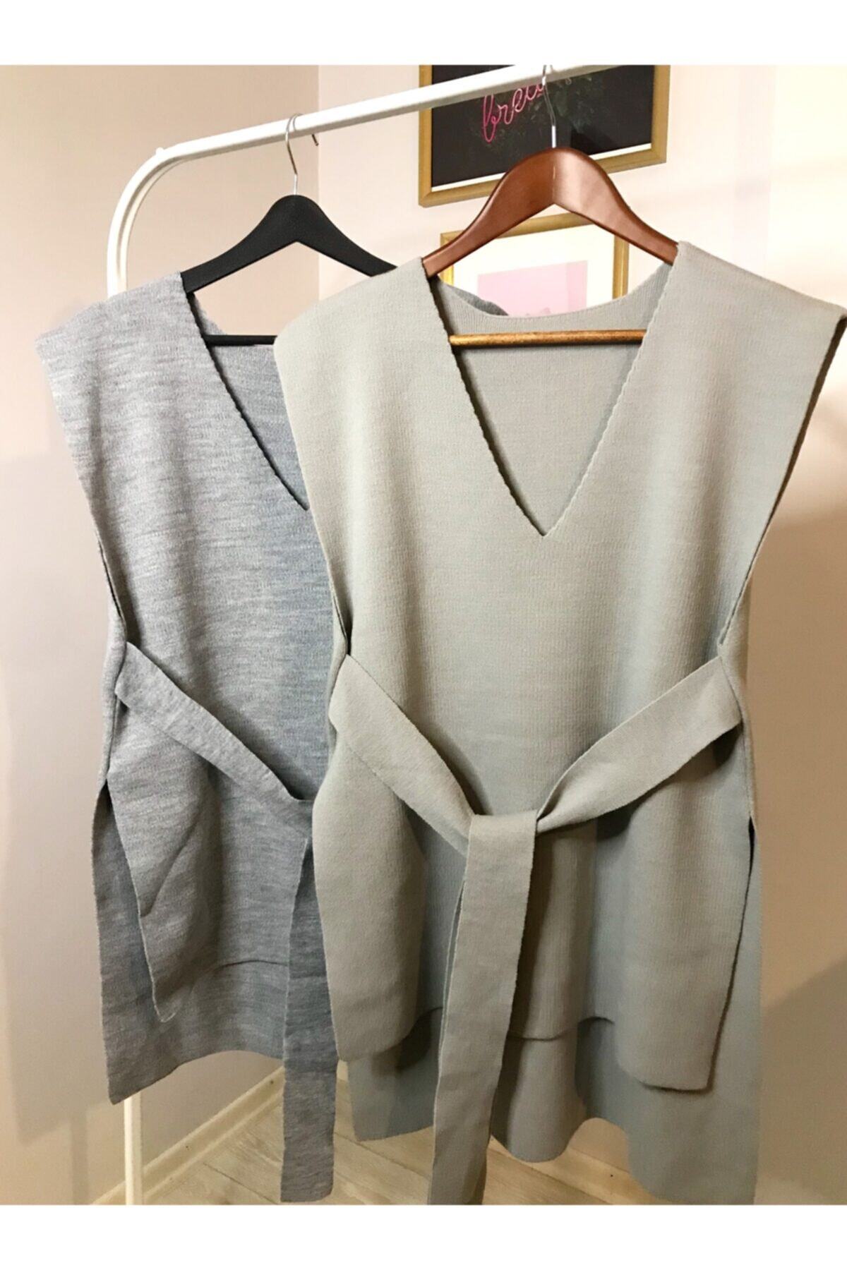 BERİLLE Kadın Gri Bağlama Detaylı Süveter