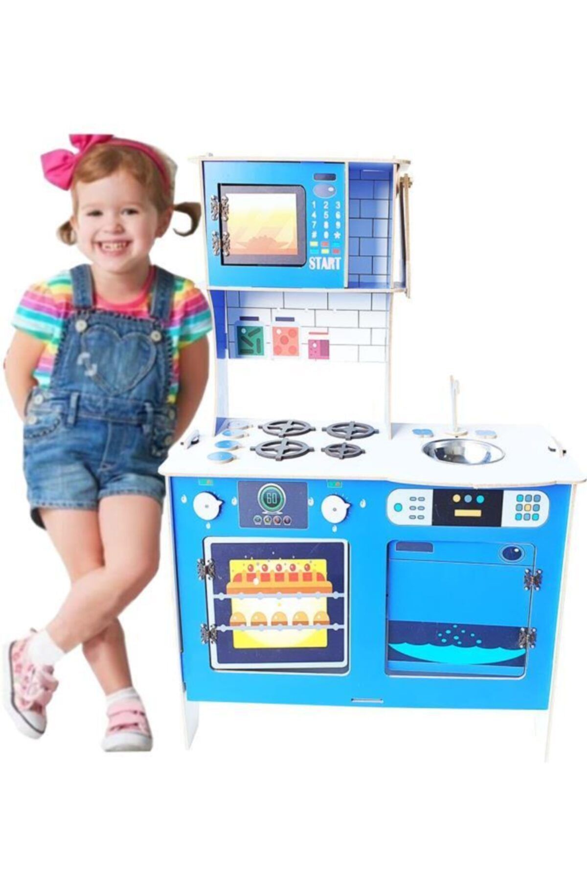 WoodyLife Ahşap Çocuk Oyuncak Mutfak Seti104 Cm Uv Baskılı Pastalı Mavi Evcilik Oyuncak