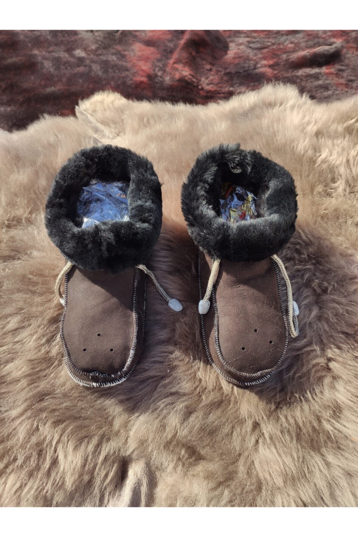 DERİHOME Derihome Unisex Kahverengi Içi Kürklü Hakiki Deri Patik - Panduf
