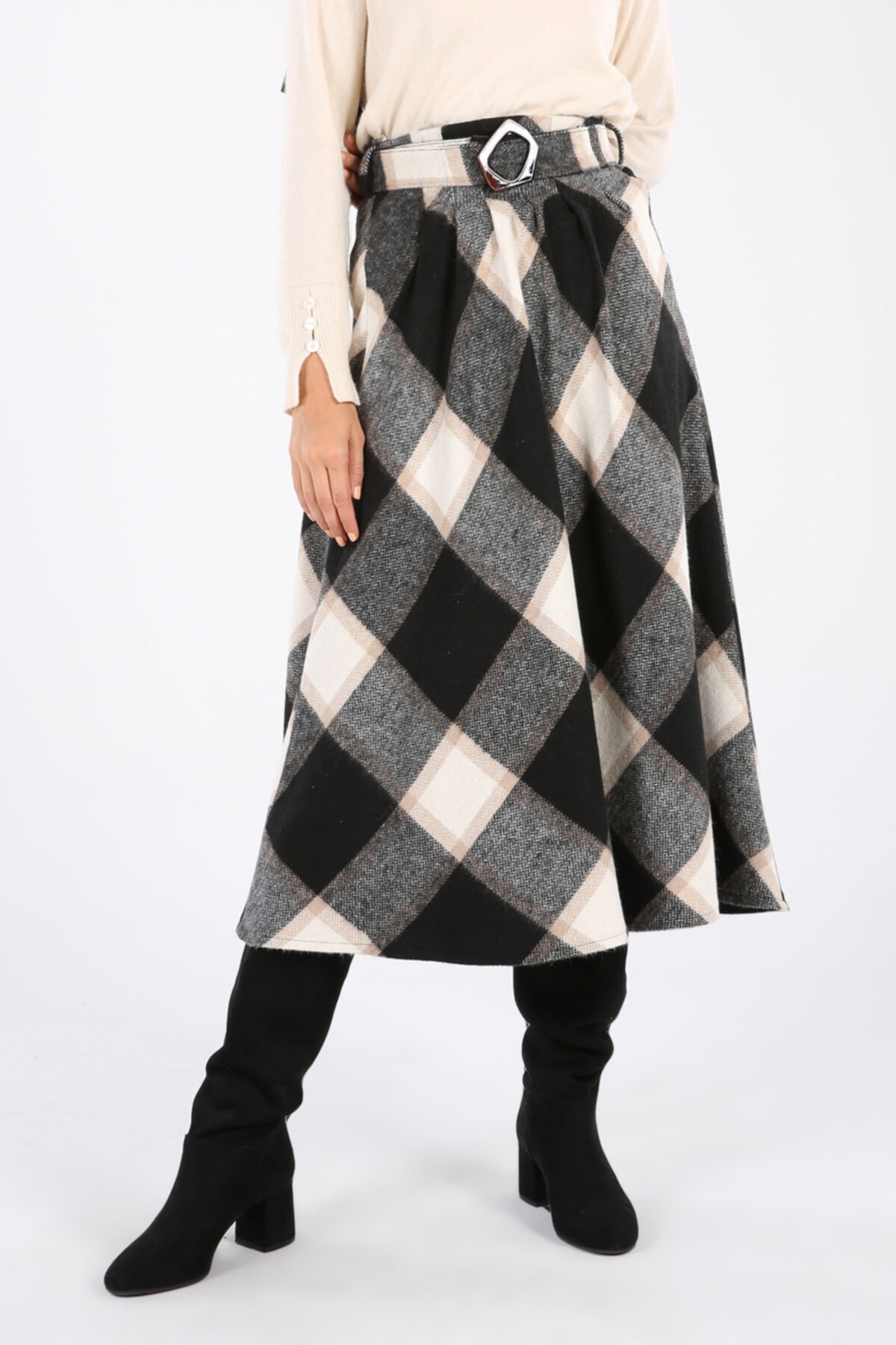 ALLDAY Siyah-ekru Oduncu Ekoseli Kemerli Etek