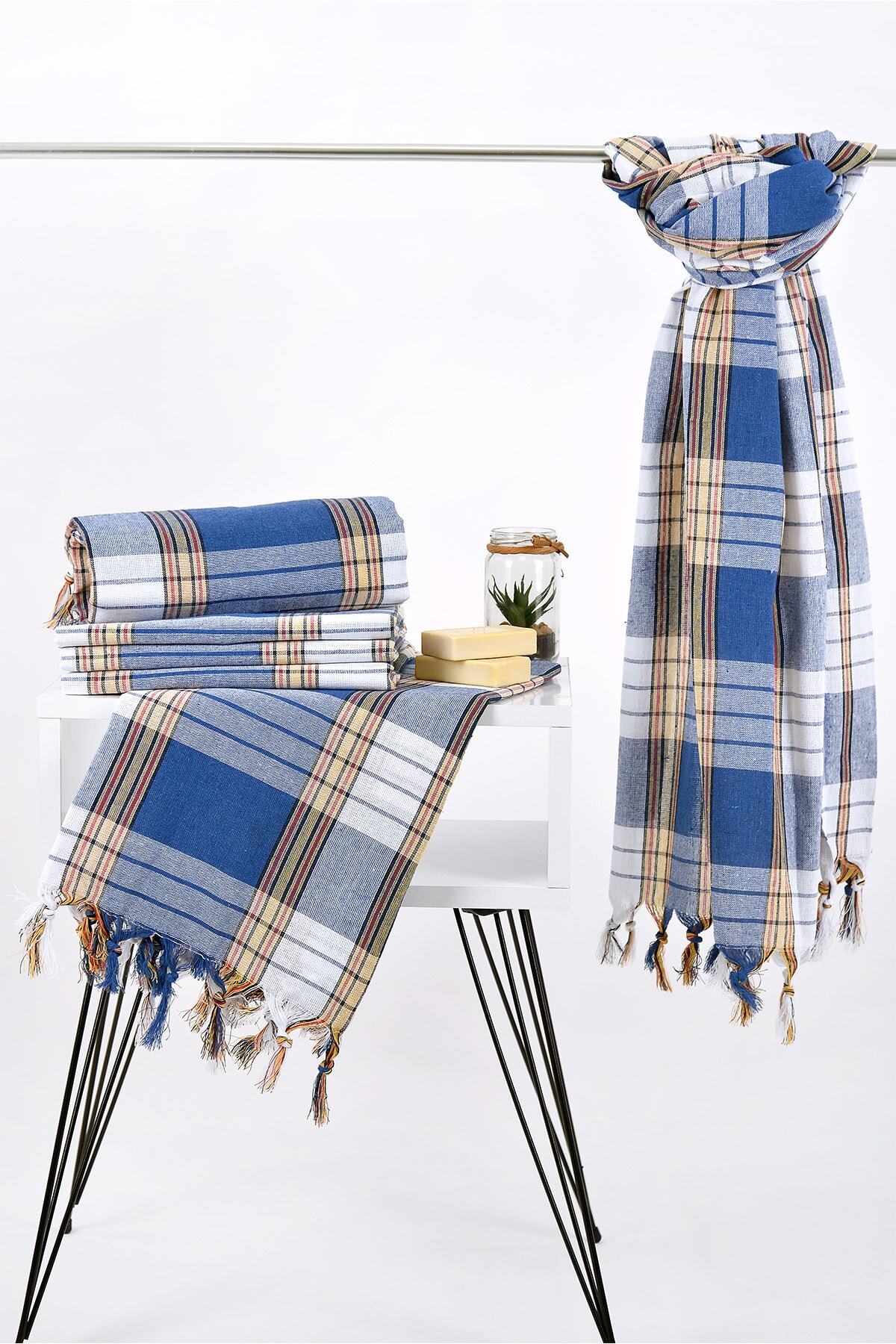 EVTEKS 10'lu Mavi Ekose Peştemal 80x180 Cm