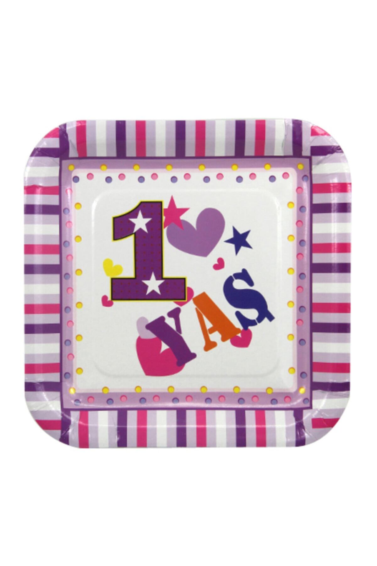NO NAME 1 Yaş Doğum Günü Kare Karton Tabak Pembe 12 Adet