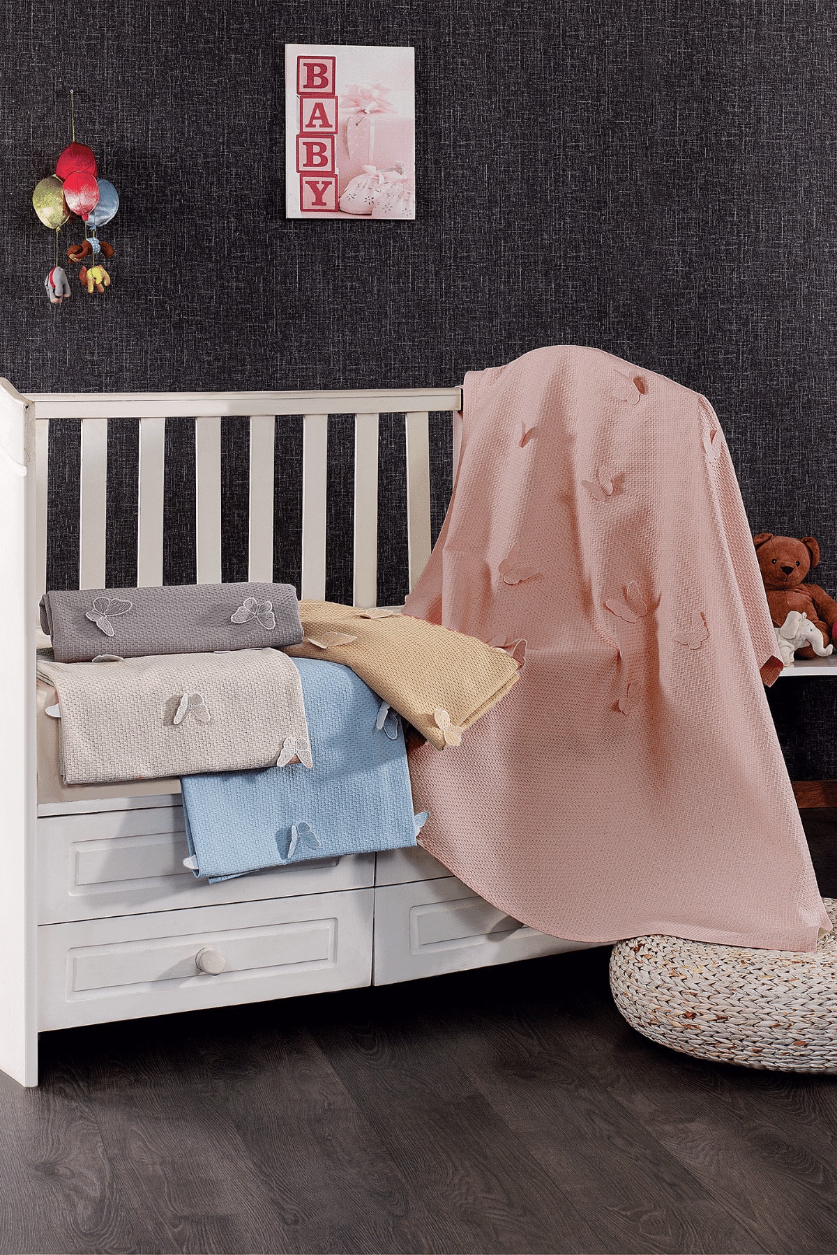 Minelya Home Collection %100 Pamuk 3d Kelebek Desenli Bebek Pike Örtüsü Pembe