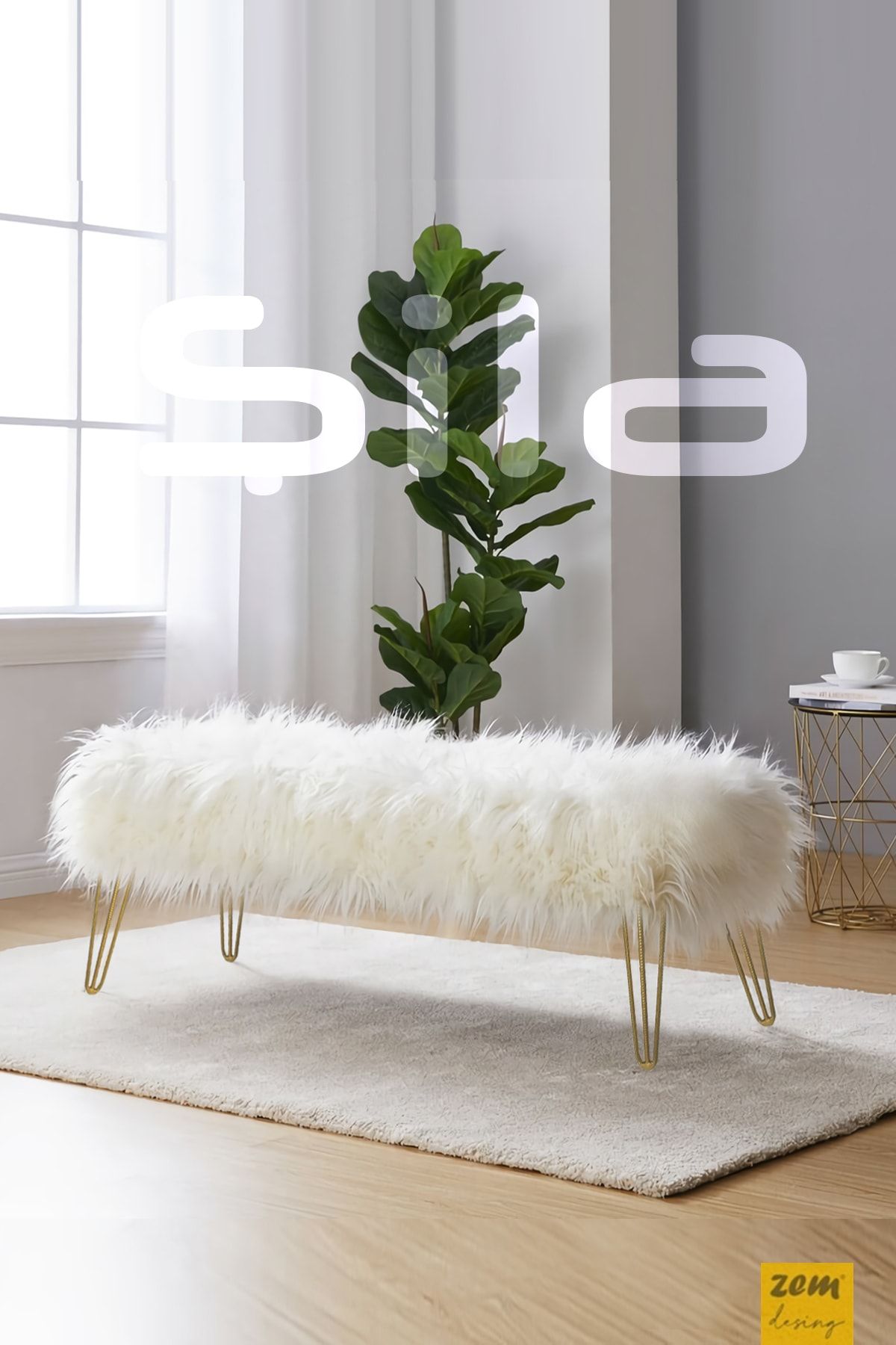 Zem Şila Bench Beyaz Peluş - Gold Ayaklı 120 Cm