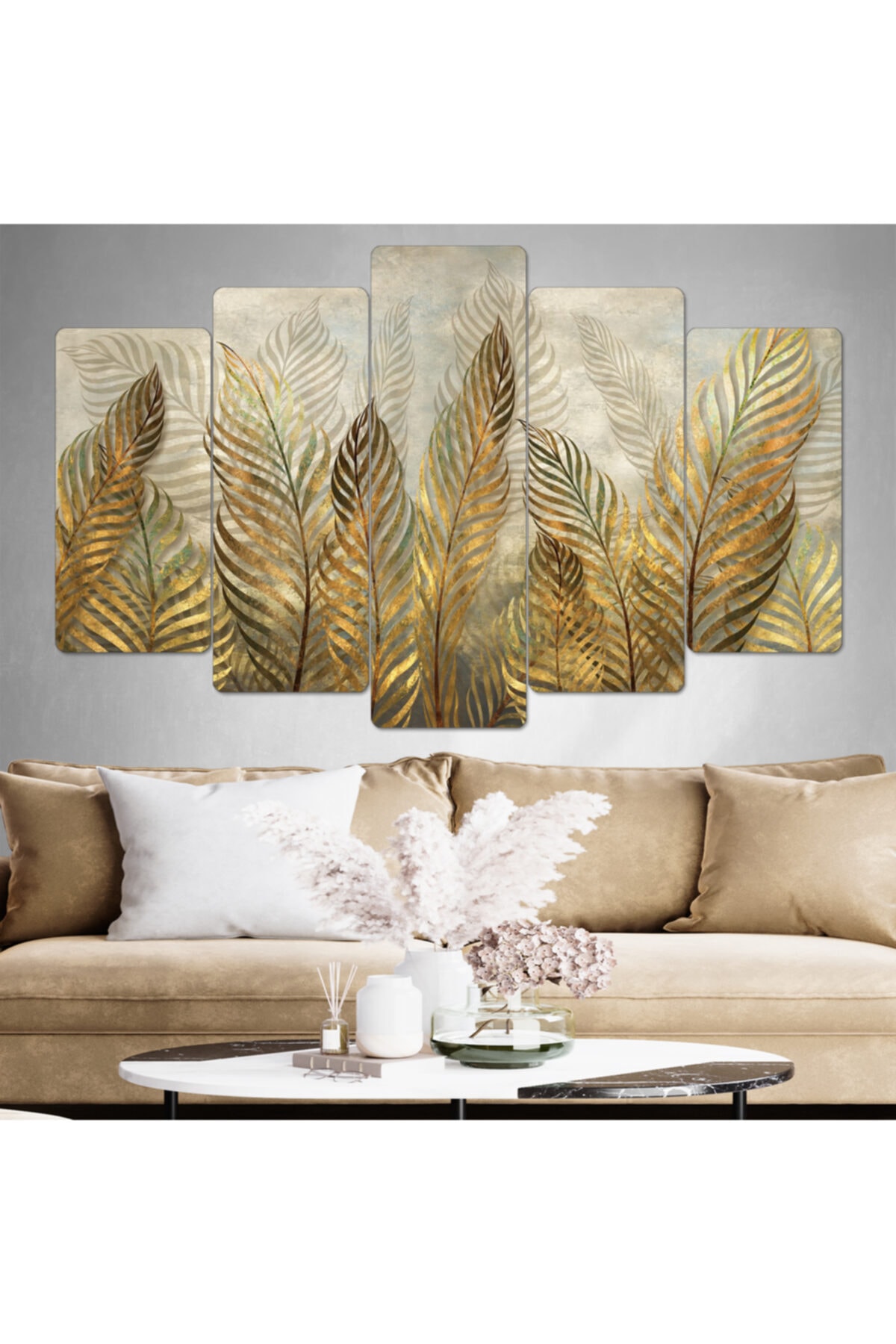 hanhomeart Gold Yaprak Parçalı Ahşap Duvar Tablo Seti-5pr-972