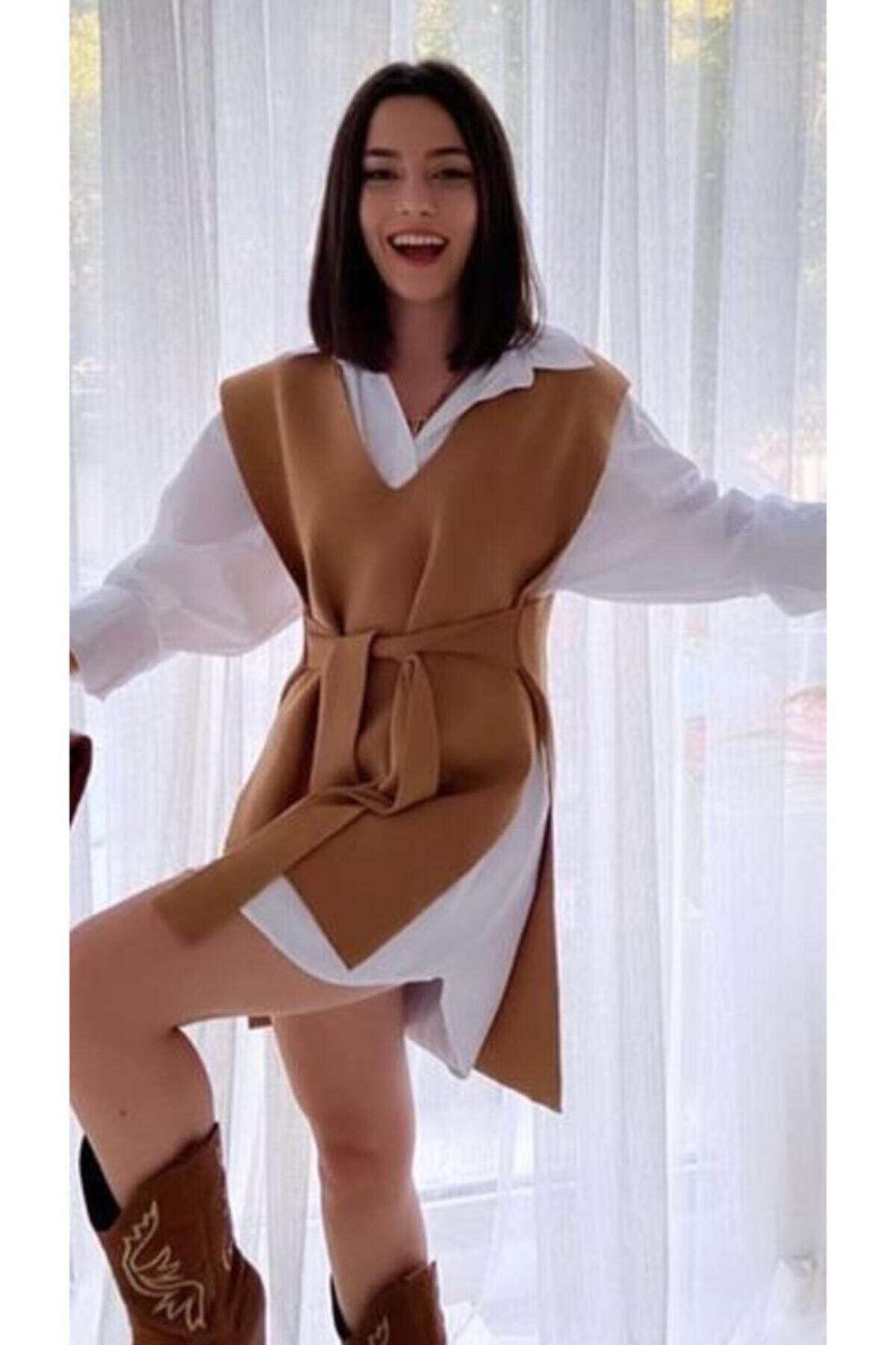 Lively Giyim Kadın Kahverengi V Yaka Kemerli Uzun Triko Süveter