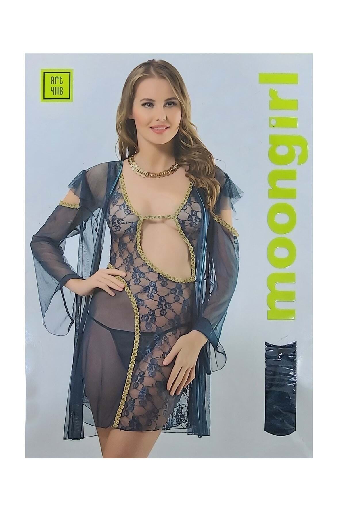 MOONGRİL Moongirl 4116 3 Lü Sabahlıklı Gecelik Takımı Petrol Yeşili Beden M