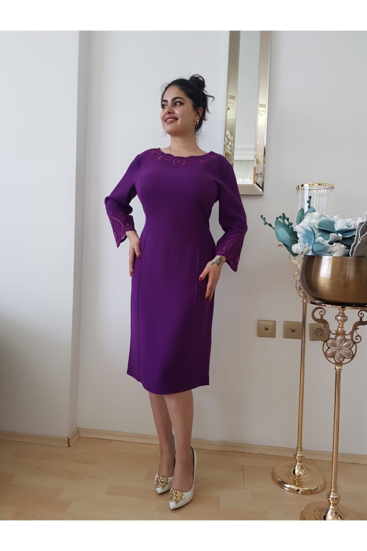 FERGAN Kadın Mor Kol Yaka Inci Işleme Büyük Beden Tasarım Abiye Elbise