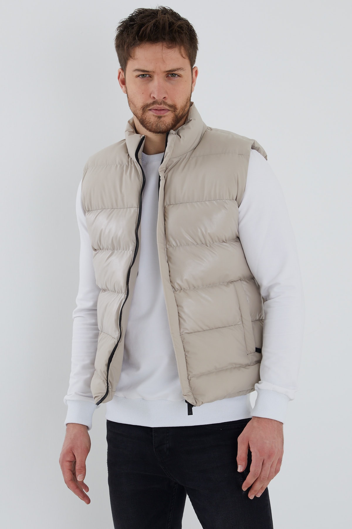 Gavazzi Erkek Vizon Hakim Yaka Parlak Detaylı Iç Cepli Spor Polyester Şişme Yelek