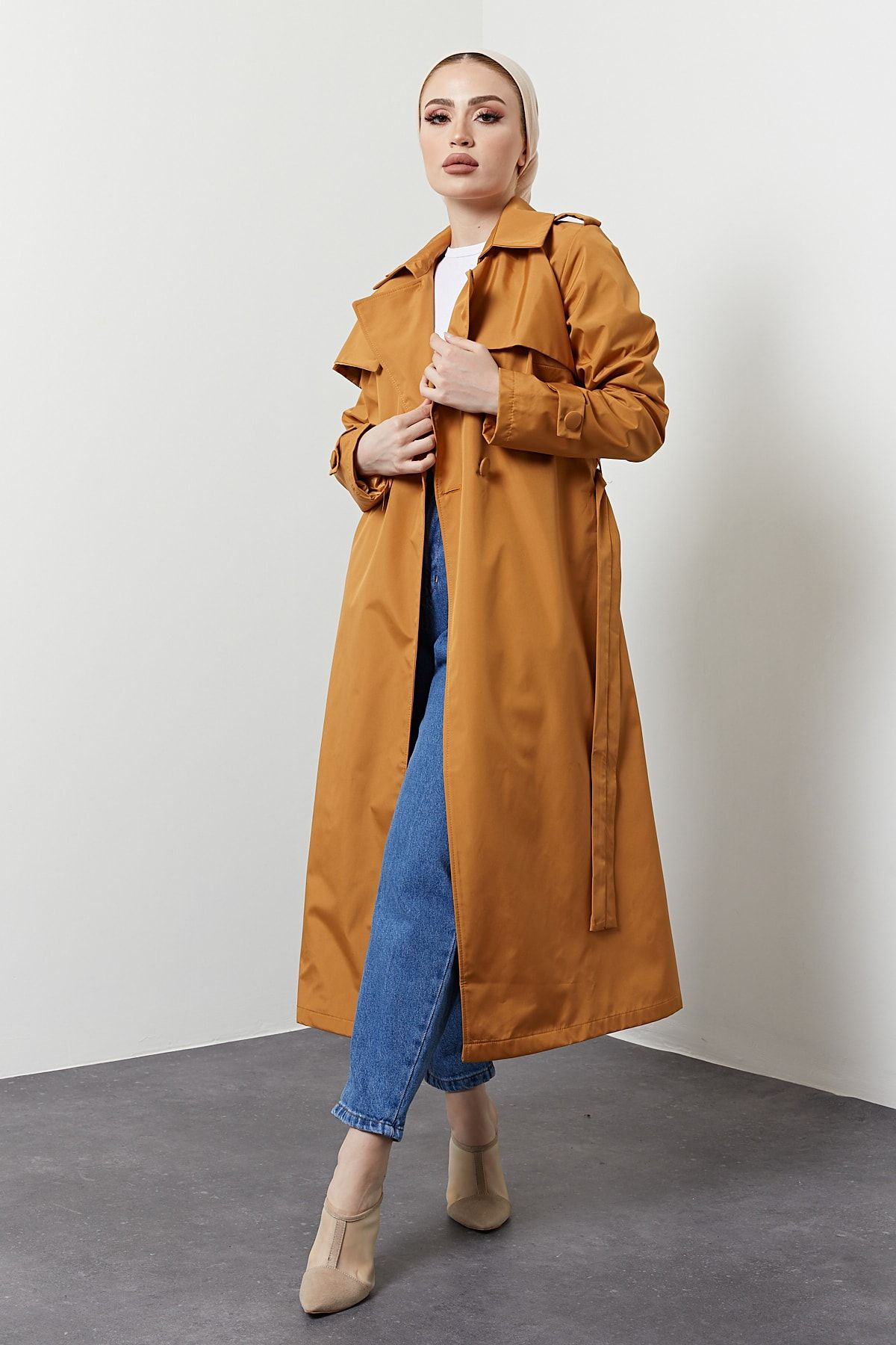 festmoda Nvs Açık Camel Kadın Kuşaklı Trençkot