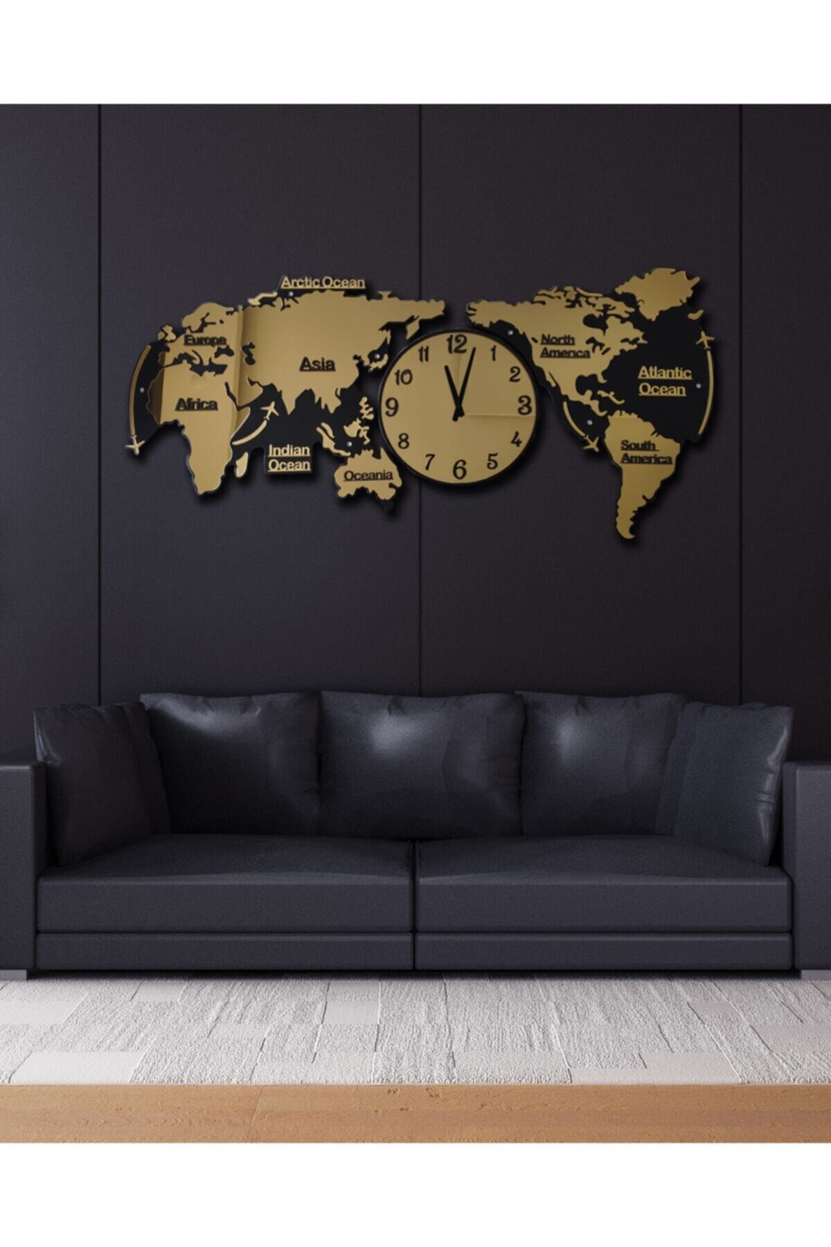Şanlı Custom Dekorasyon Pleksi Ve Ahşap Dünya Haritası Duvar Saati Gold 120x55