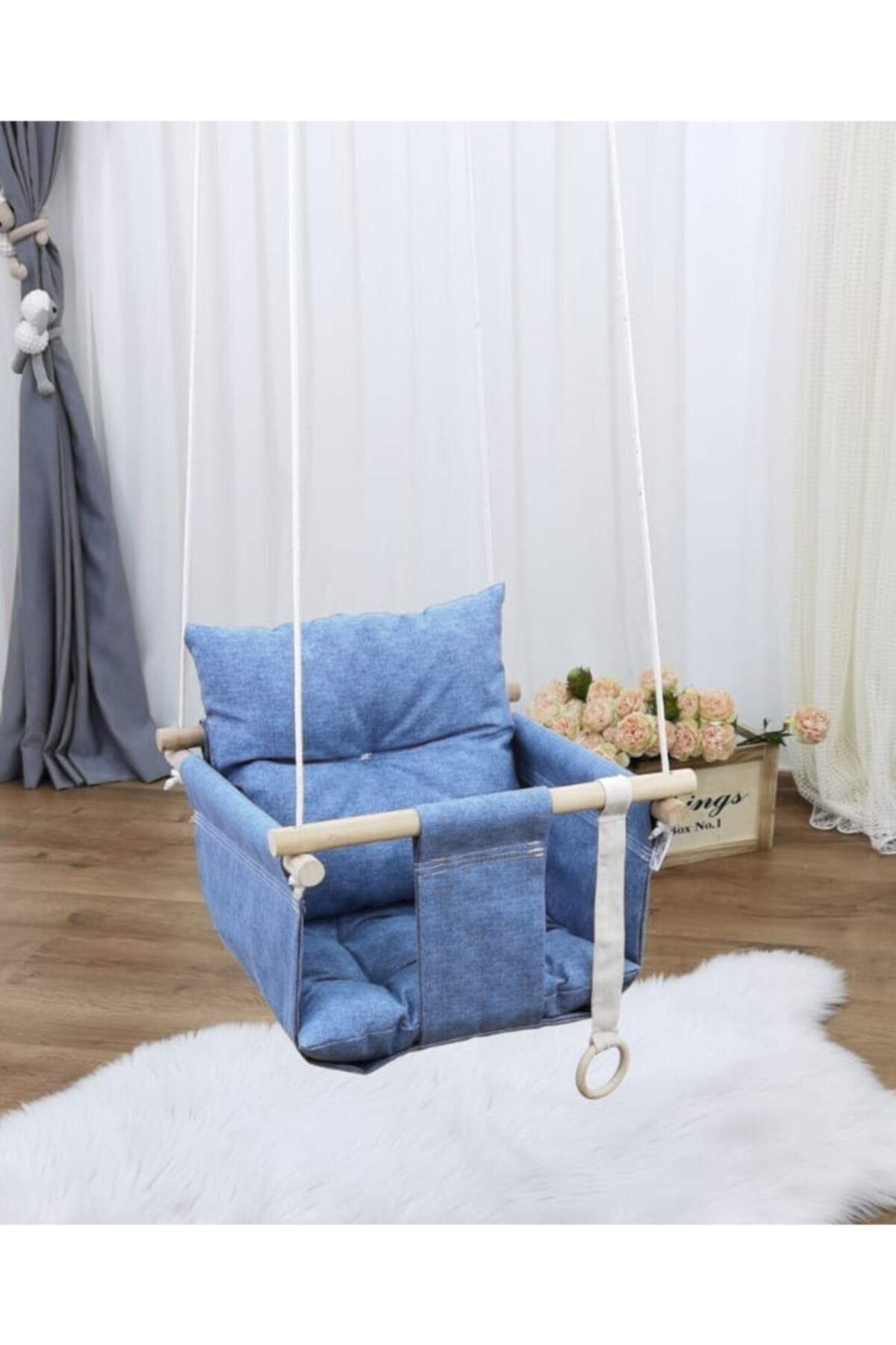 mordesign Tavana Asılan Ahşap Bebek Salıncak Mavi